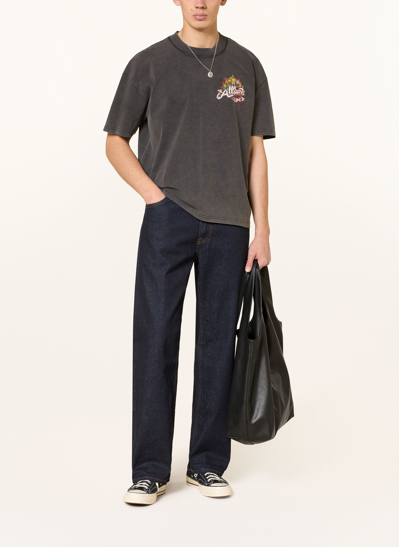 ALLSAINTS T-shirt ROQUE: DONKERGRIJS / DONKERROOD / GEEL