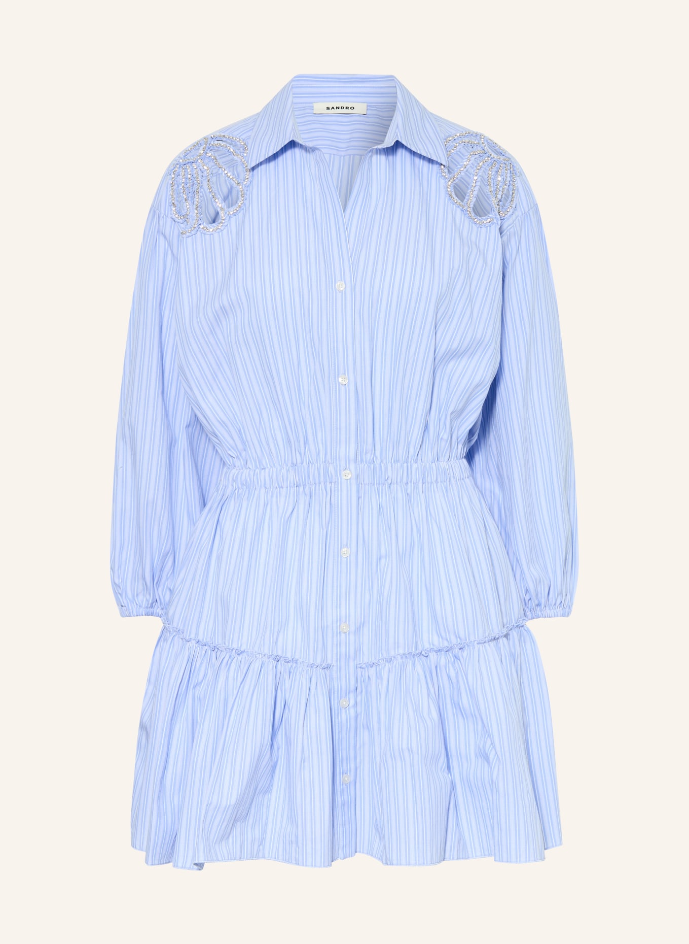 SANDRO Hemdblusenkleid mit Schmucksteinen und 3/4-Arm: HELLBLAU / WEISS