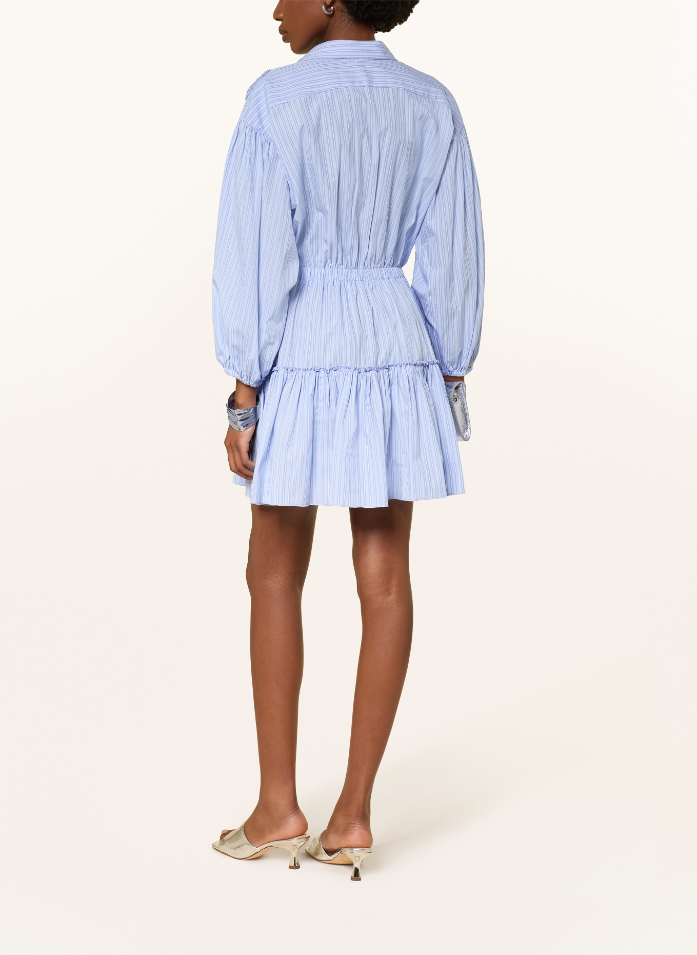 SANDRO Hemdblusenkleid mit Schmucksteinen und 3/4-Arm: HELLBLAU / WEISS