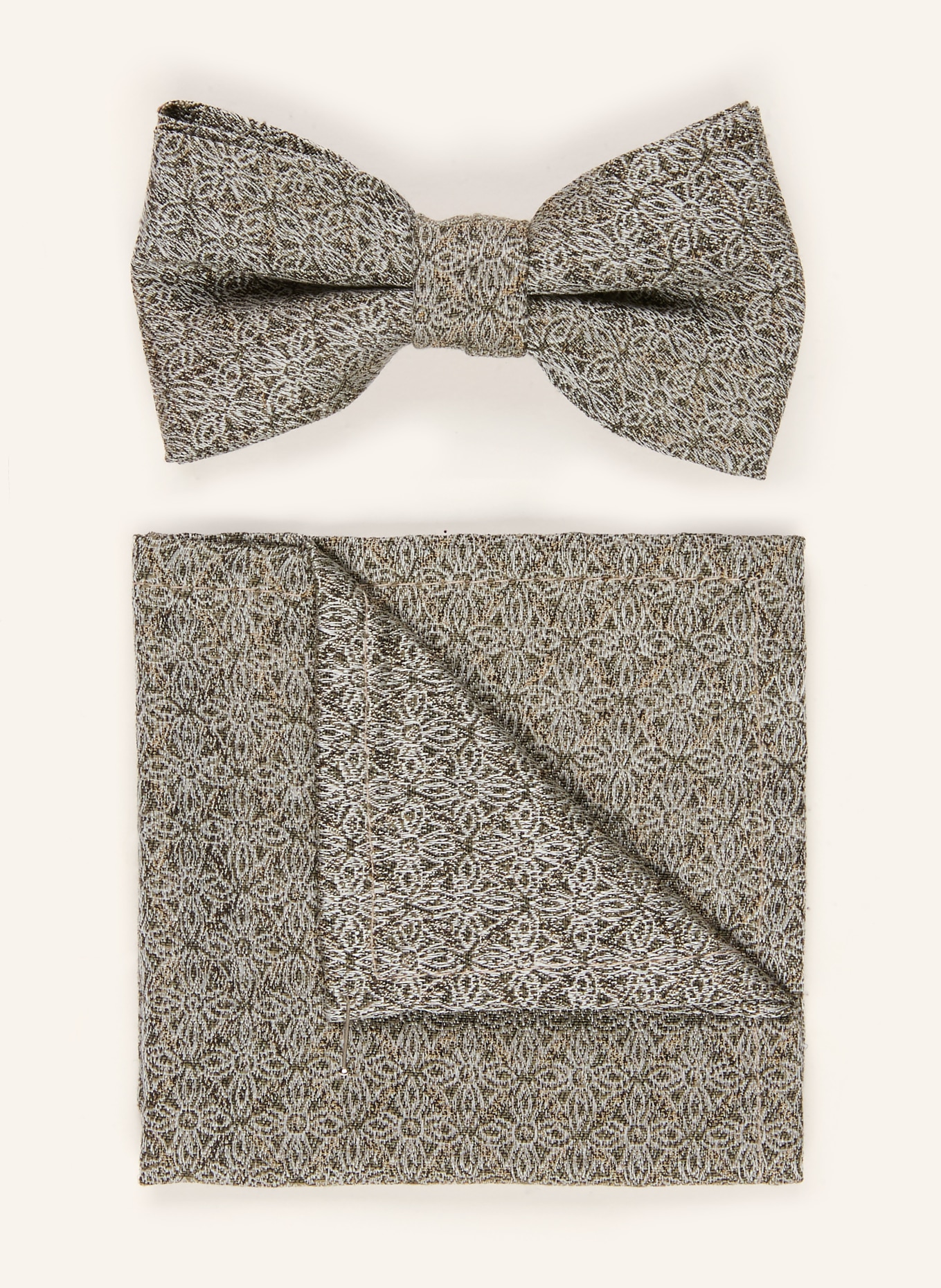 WILVORST Set: Bow tie and pocket square: KHAKI / WHITE