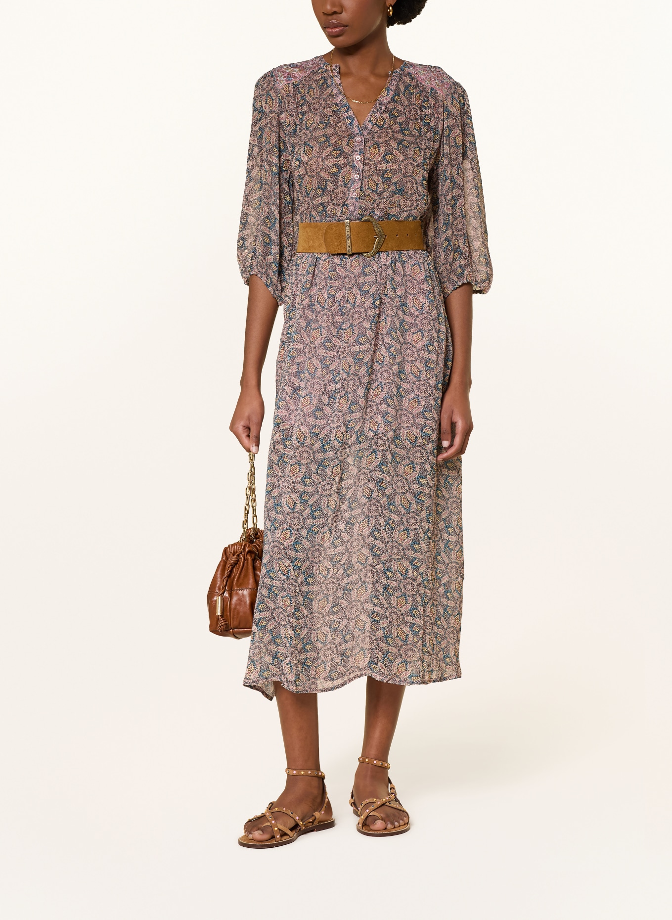 ba&sh Kleid TIZIA mit 3/4-Arm: ALTROSA / DUNKELGELB / BLAU