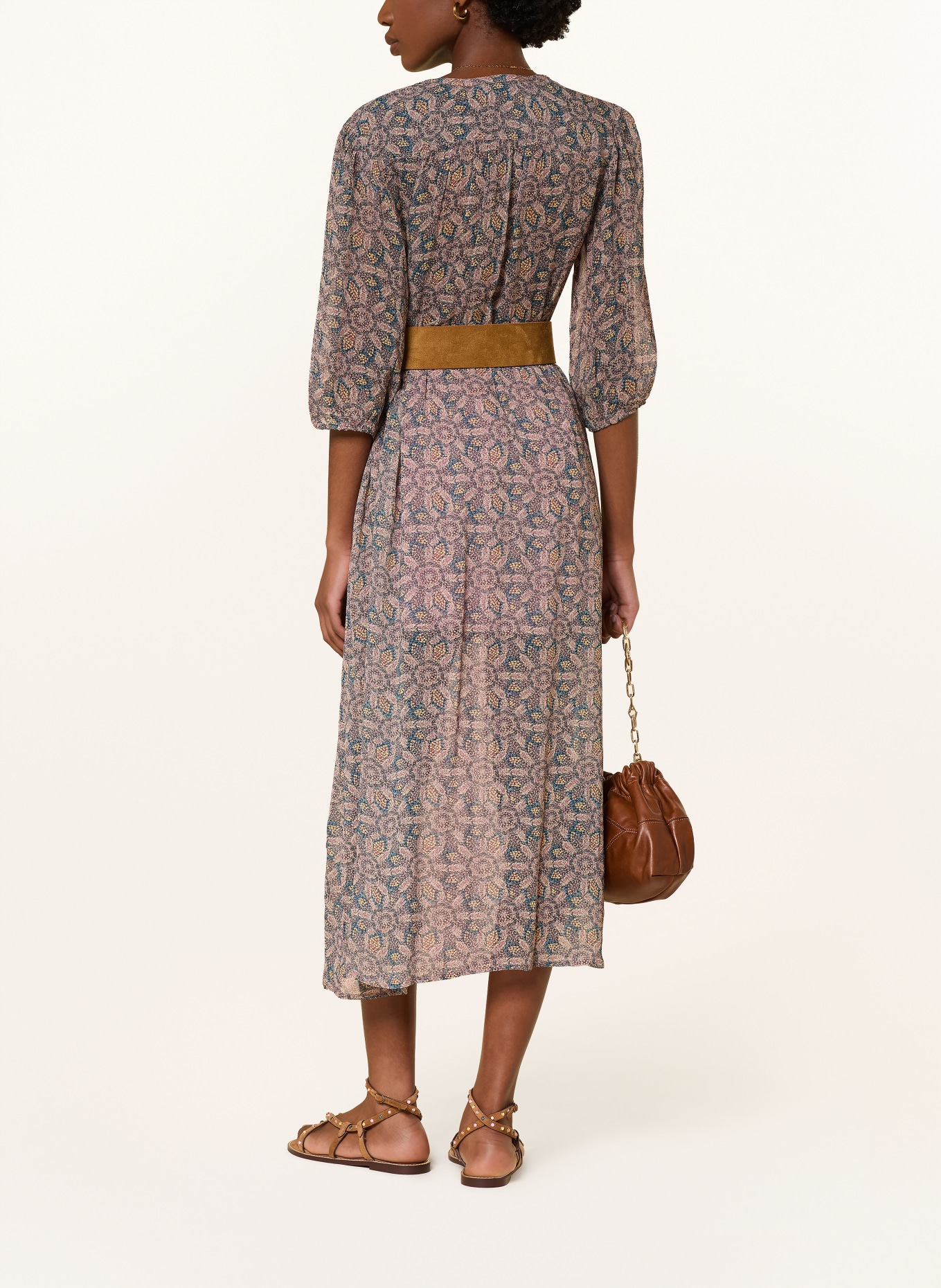 ba&sh Kleid TIZIA mit 3/4-Arm: ALTROSA / DUNKELGELB / BLAU