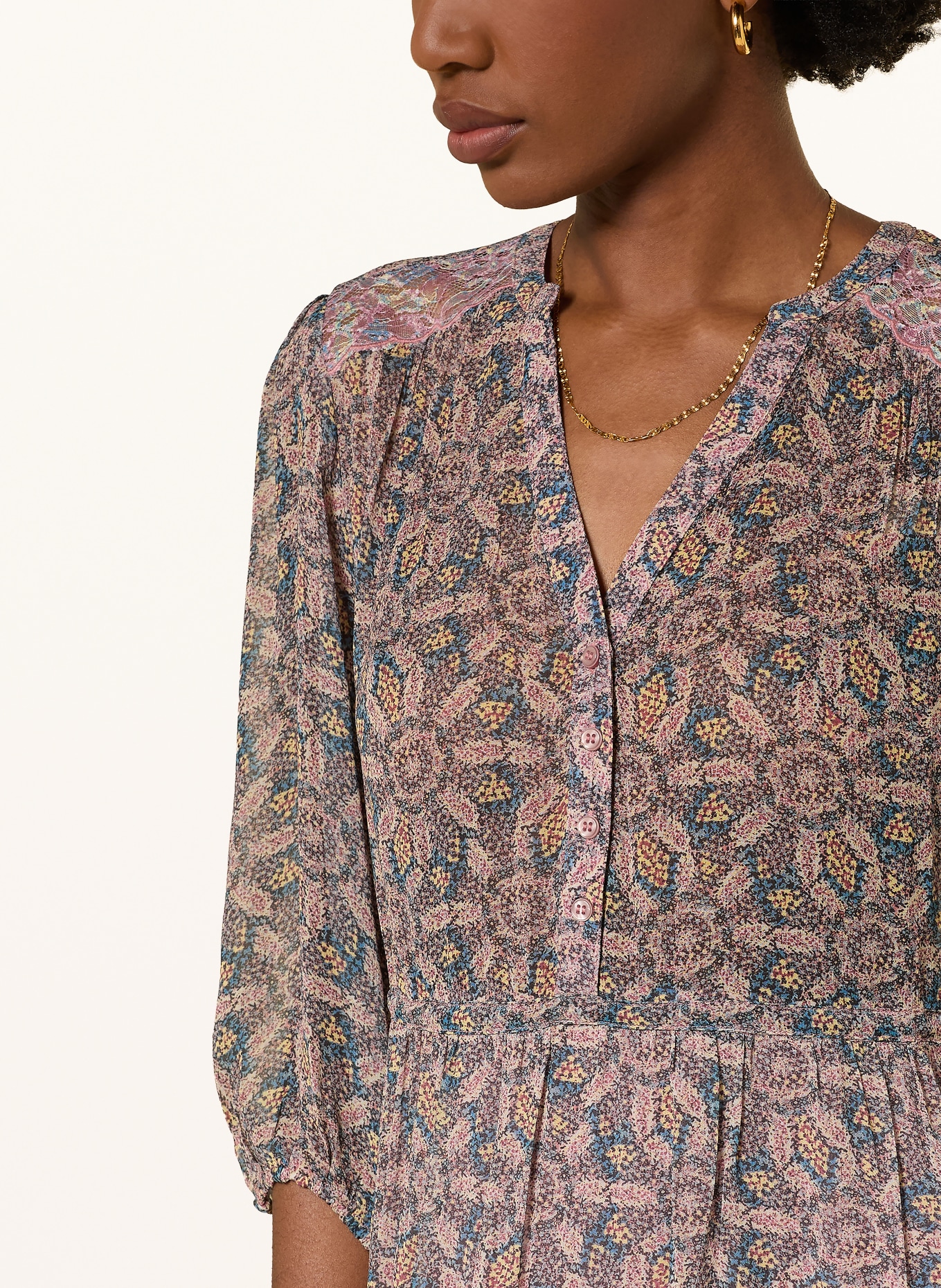 ba&sh Kleid TIZIA mit 3/4-Arm: ALTROSA / DUNKELGELB / BLAU