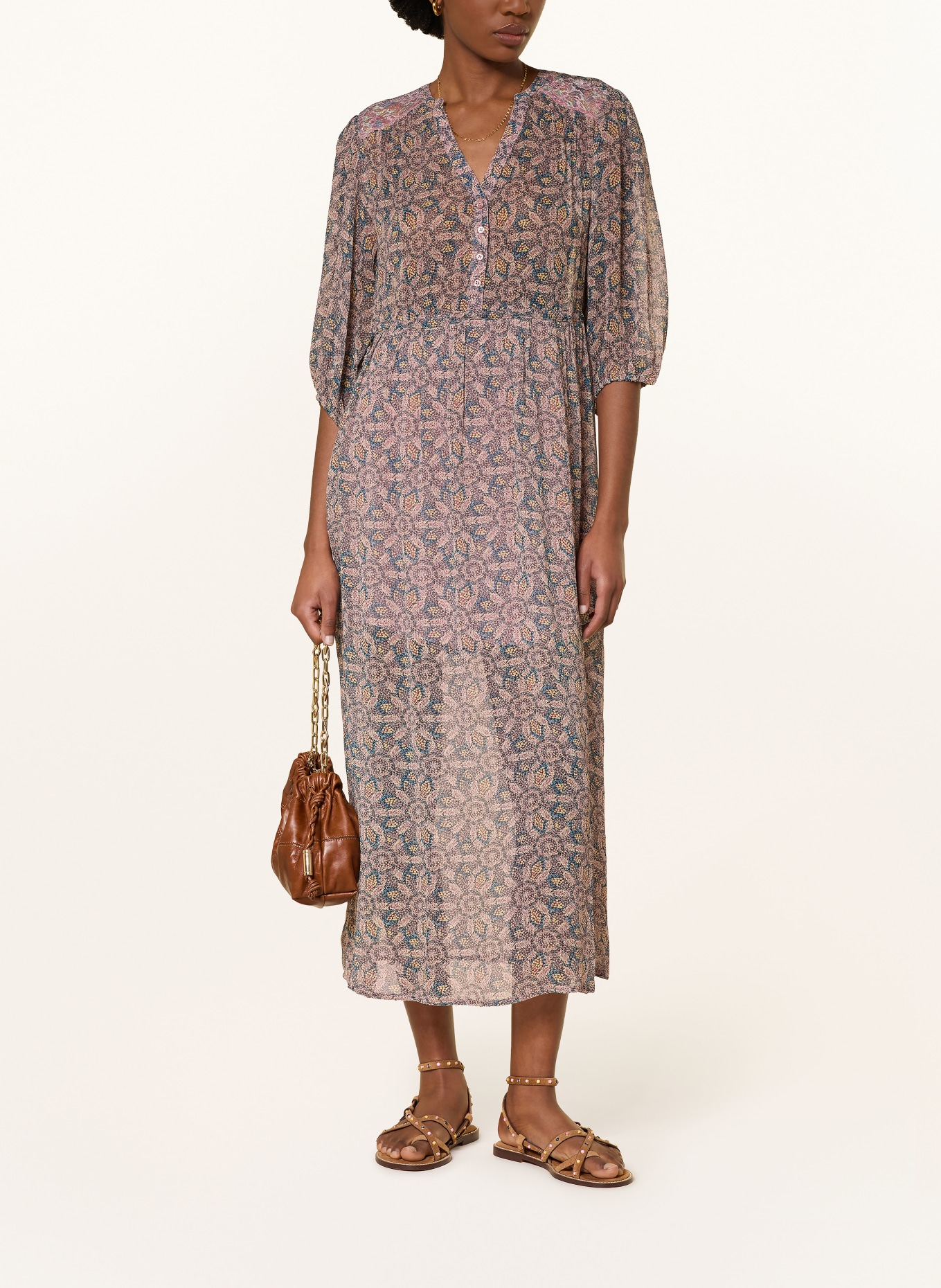 ba&sh Kleid TIZIA mit 3/4-Arm: ALTROSA / DUNKELGELB / BLAU