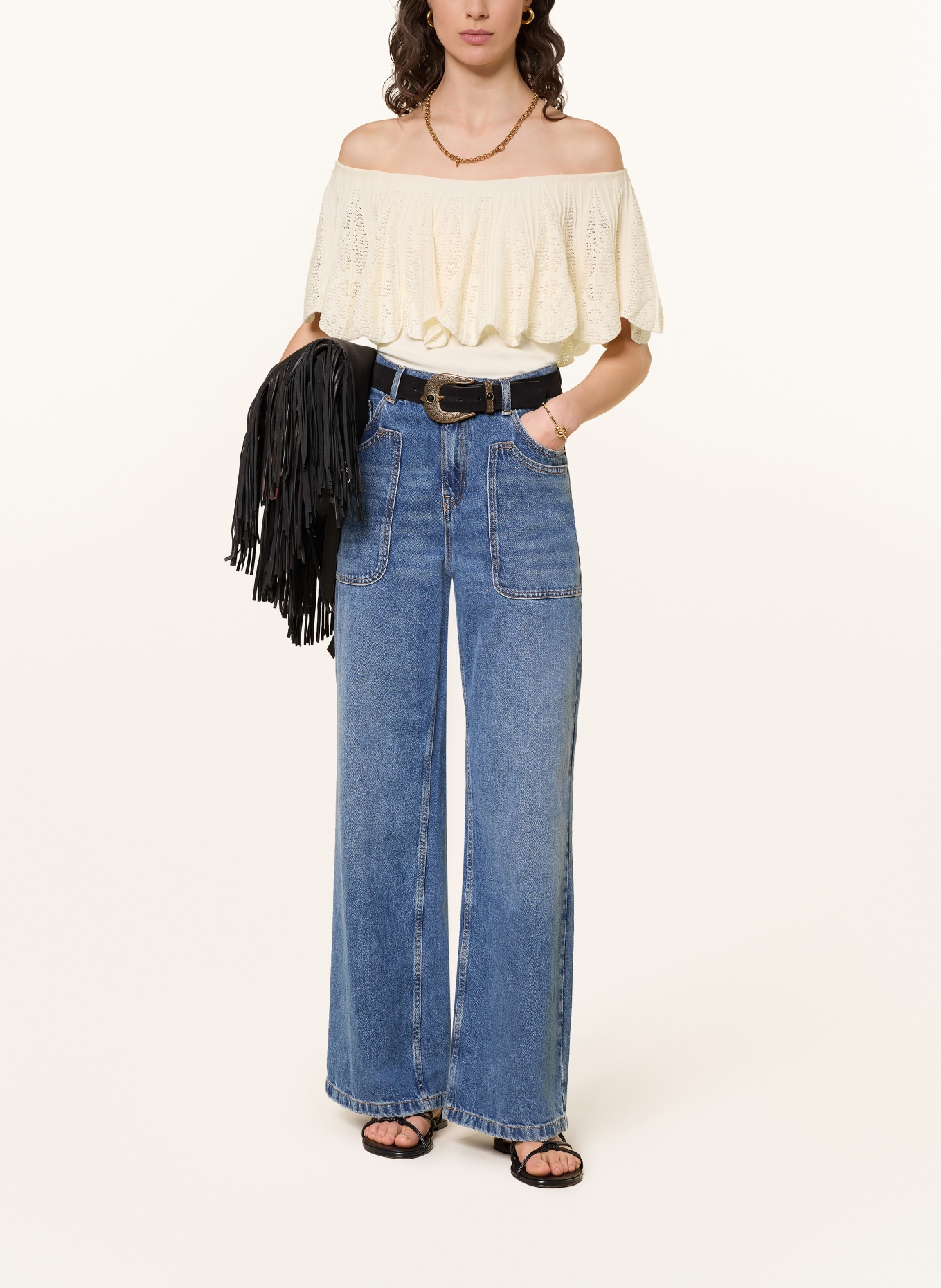 ba&sh Off-Shoulder-Stricktop SALDA mit Volants: CREME