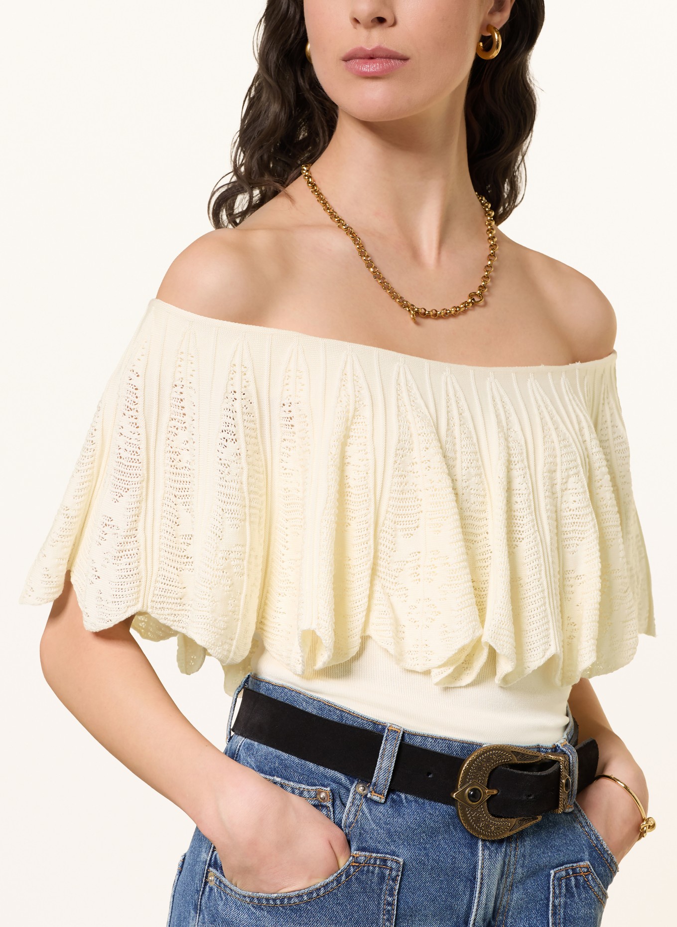 ba&sh Off-Shoulder-Stricktop SALDA mit Volants: CREME