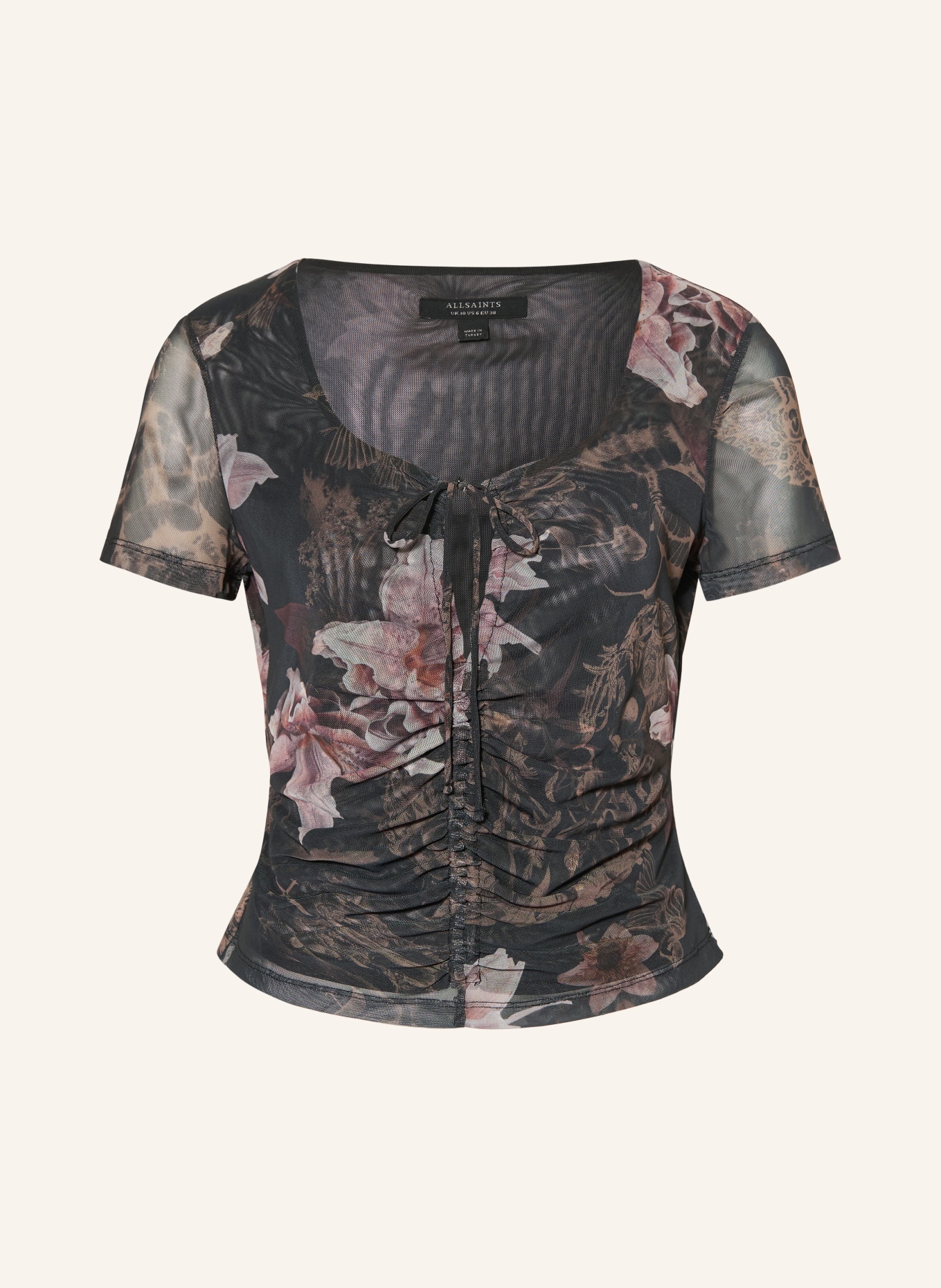 ALLSAINTS GABBY-blouse van mesh: ZWART / LICHTBRUIN / ROSÉ