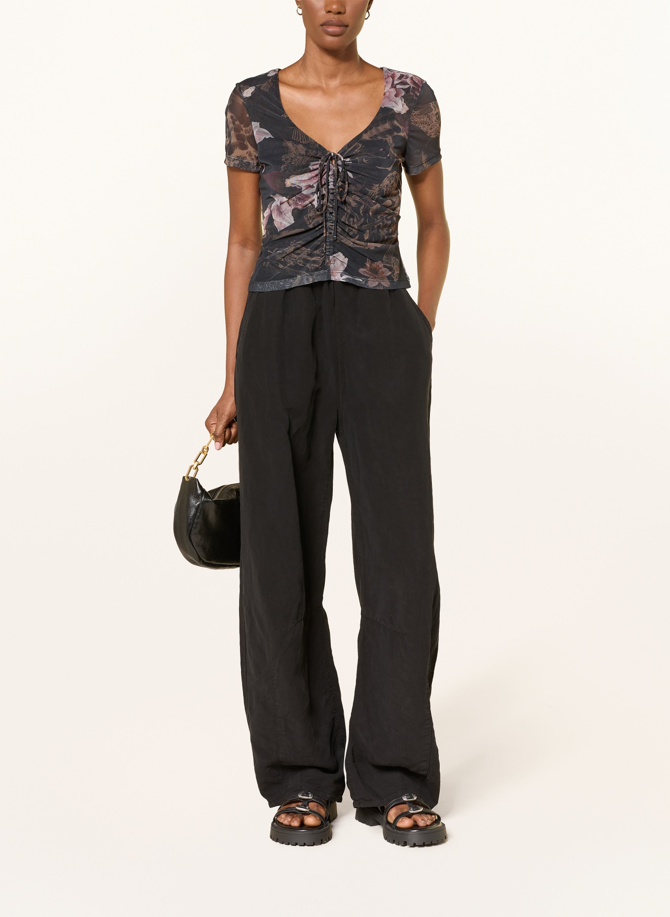 ALLSAINTS GABBY-blouse van mesh: ZWART / LICHTBRUIN / ROSÉ