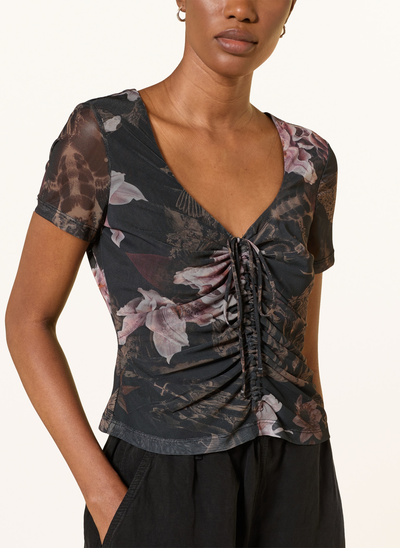 ALLSAINTS GABBY-blouse van mesh: ZWART / LICHTBRUIN / ROSÉ