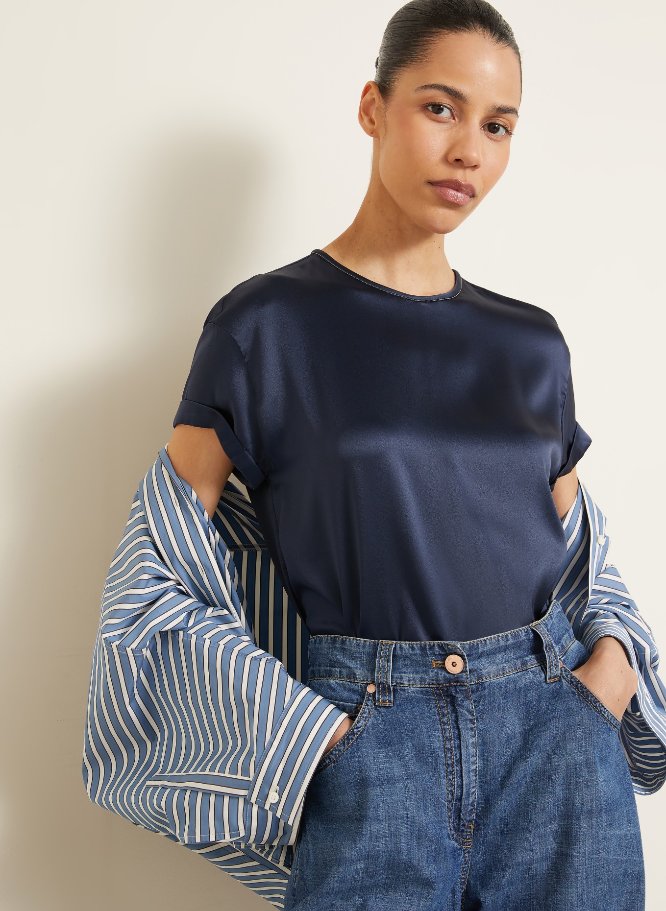 BRUNELLO CUCINELLI Blusenshirt aus Seide: DUNKELBLAU