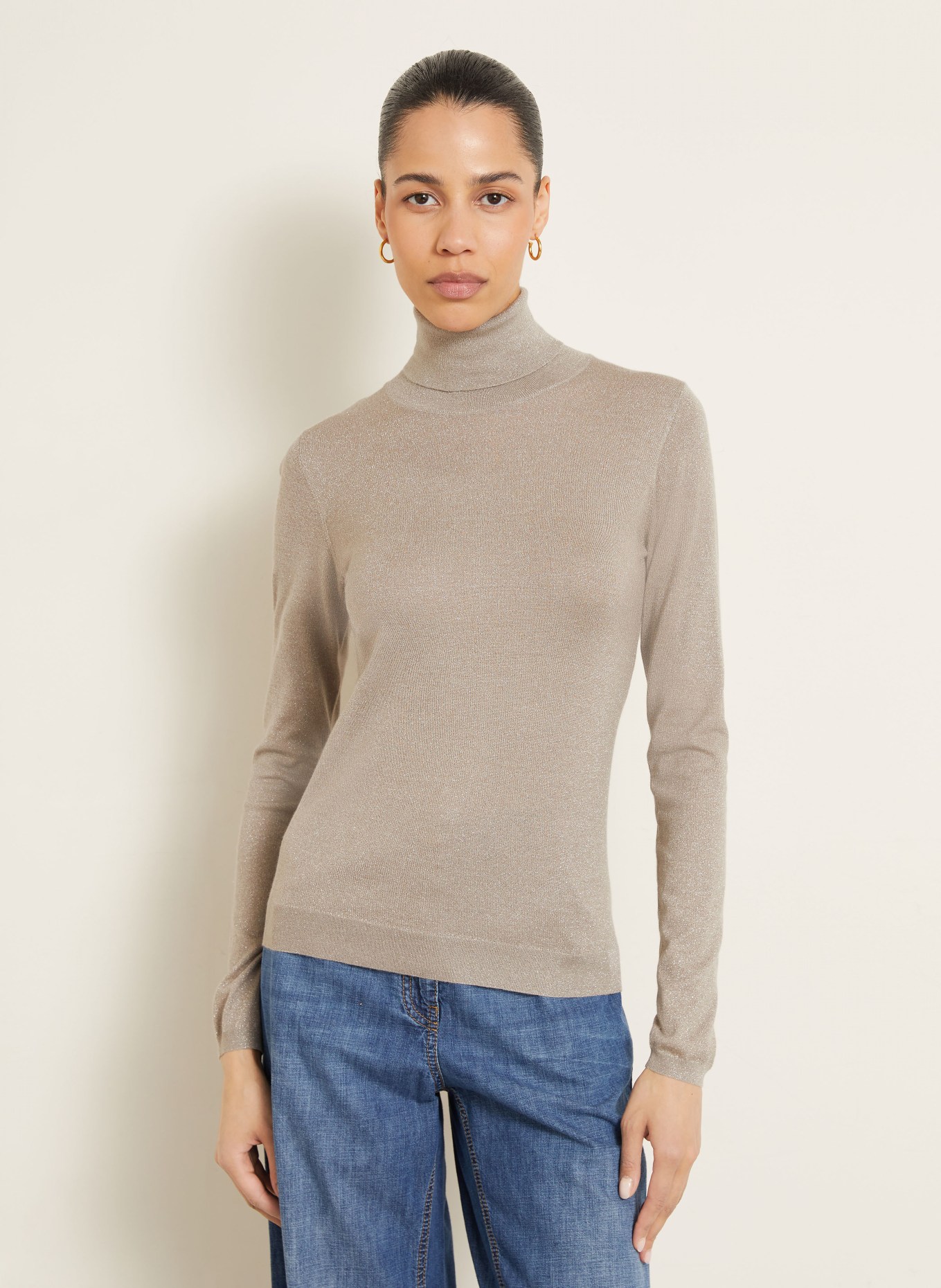 BRUNELLO CUCINELLI Rollkragenpullover mit Cashmere und Glitzergarn: TAUPE