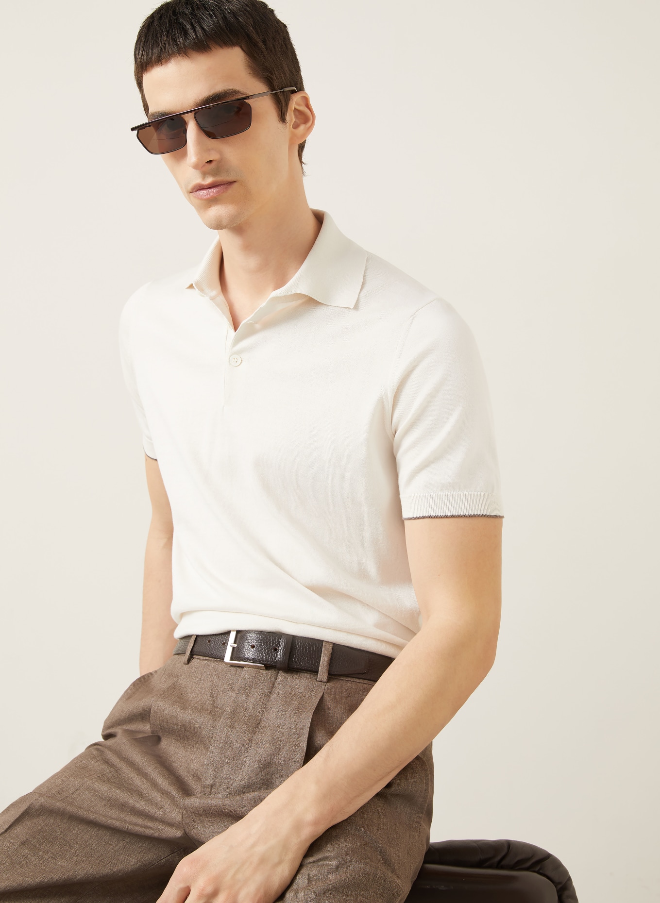 BRUNELLO CUCINELLI Jersey-Poloshirt: CREME / DUNKELGRAU