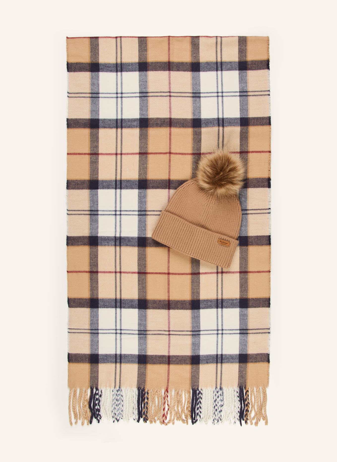 Barbour Set DOVER : écharpe et bonnet: CHAMEAU / CRÈME / BLEU FONCÉ