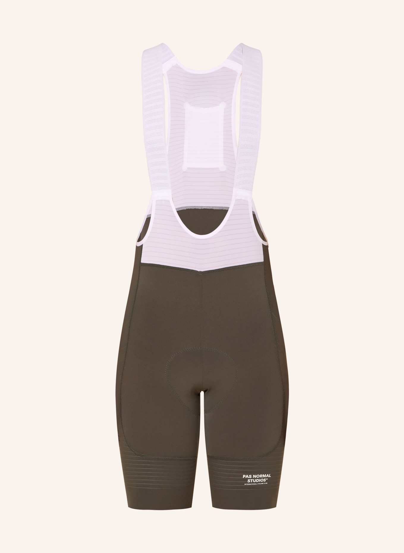 PAS NORMAL STUDIOS Cycling shorts MECHANISM PRO with straps and padded insert: WHITE / OLIVE