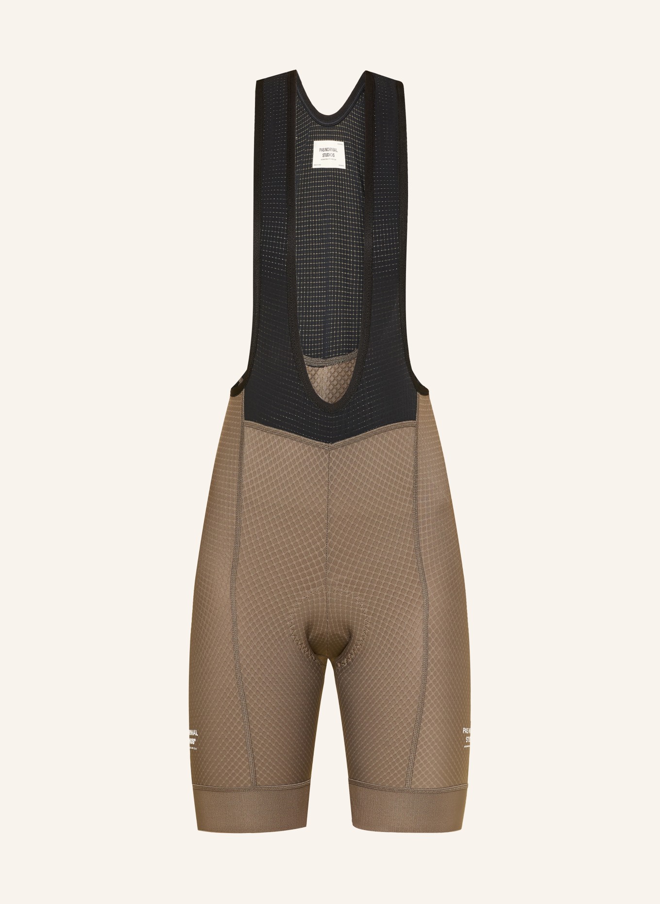 PAS NORMAL STUDIOS ESSENTIAL BIB cycling shorts with straps and padded insert: KHAKI / BLACK