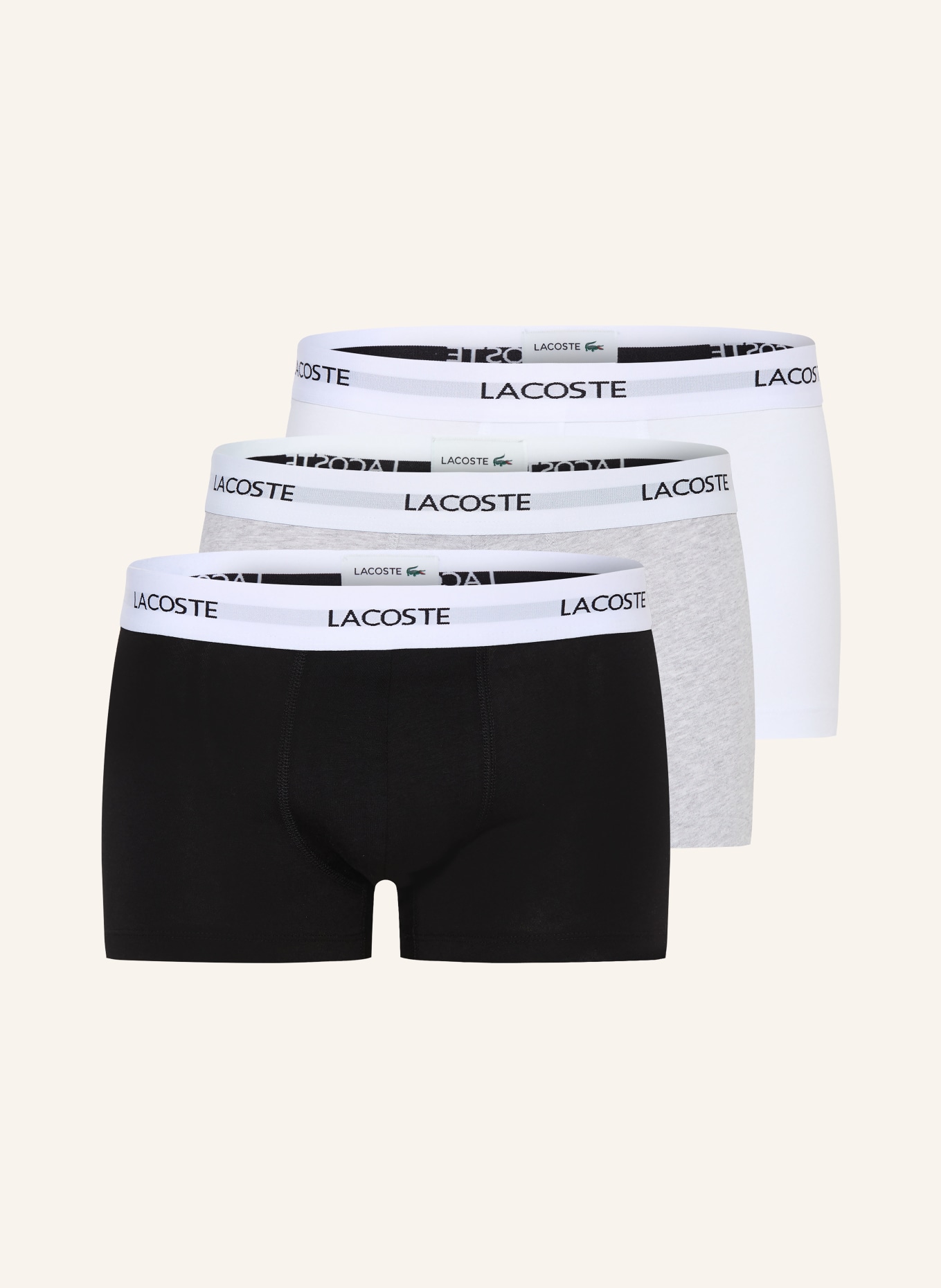 LACOSTE Boxerky, 3 kusy v balení: SVĚTLE ŠEDÁ / BÍLÁ / ČERNÁ