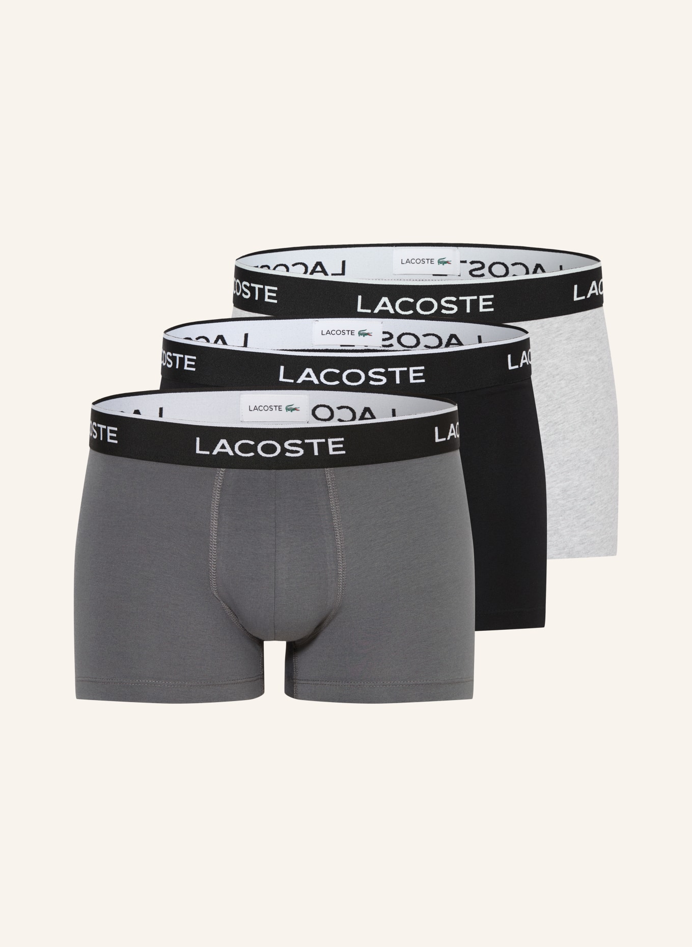 LACOSTE Bokserki, 3 szt.: SZARY / JASNOCZARY / CZARNY