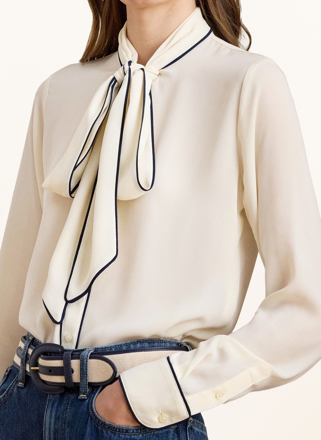 LAUREN RALPH LAUREN Bow-tie blouse: CREAM / DARK BLUE
