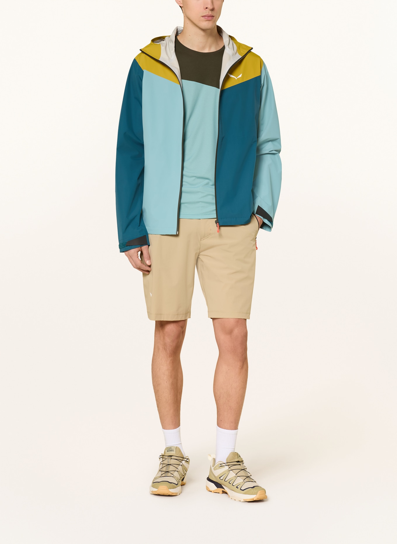 SALEWA Bunda do deště PUEZ AQUA POWERTEX: OLIVOVÁ / TMAVĚ ŽLUTÁ / PETROLEJOVÁ