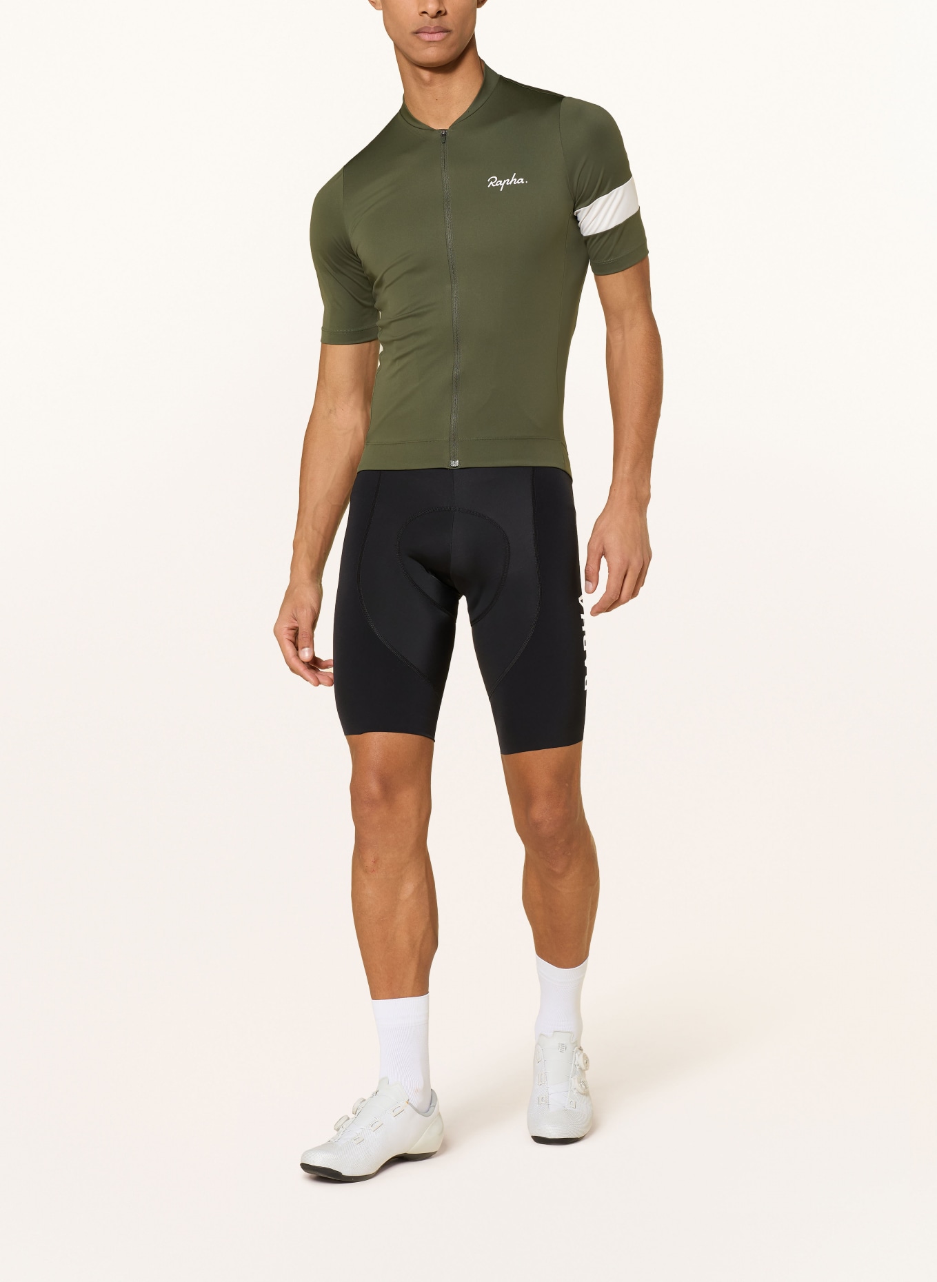 Rapha Radhose PRO TEAM BIB III mit Trägern und gepolstertem Einsatz: SCHWARZ / ECRU / WEISS