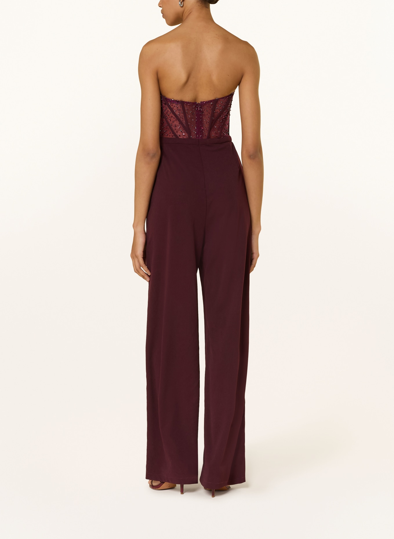 Hey Kyla Off-shoulder jumpsuit with decorative gems: DARK RED