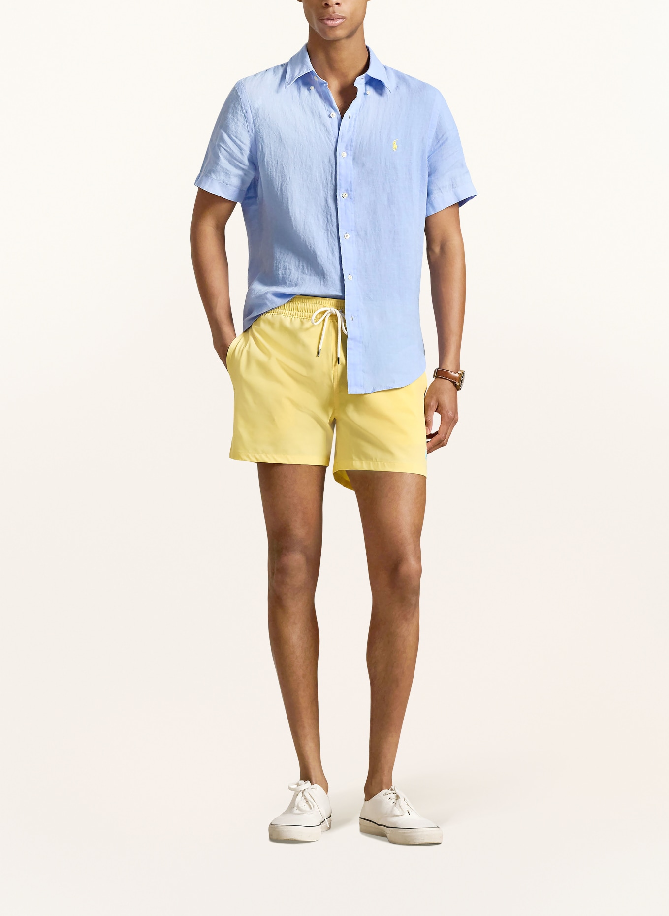 POLO RALPH LAUREN Custom fit short sleeve shirt in linen: LIGHT BLUE / YELLOW