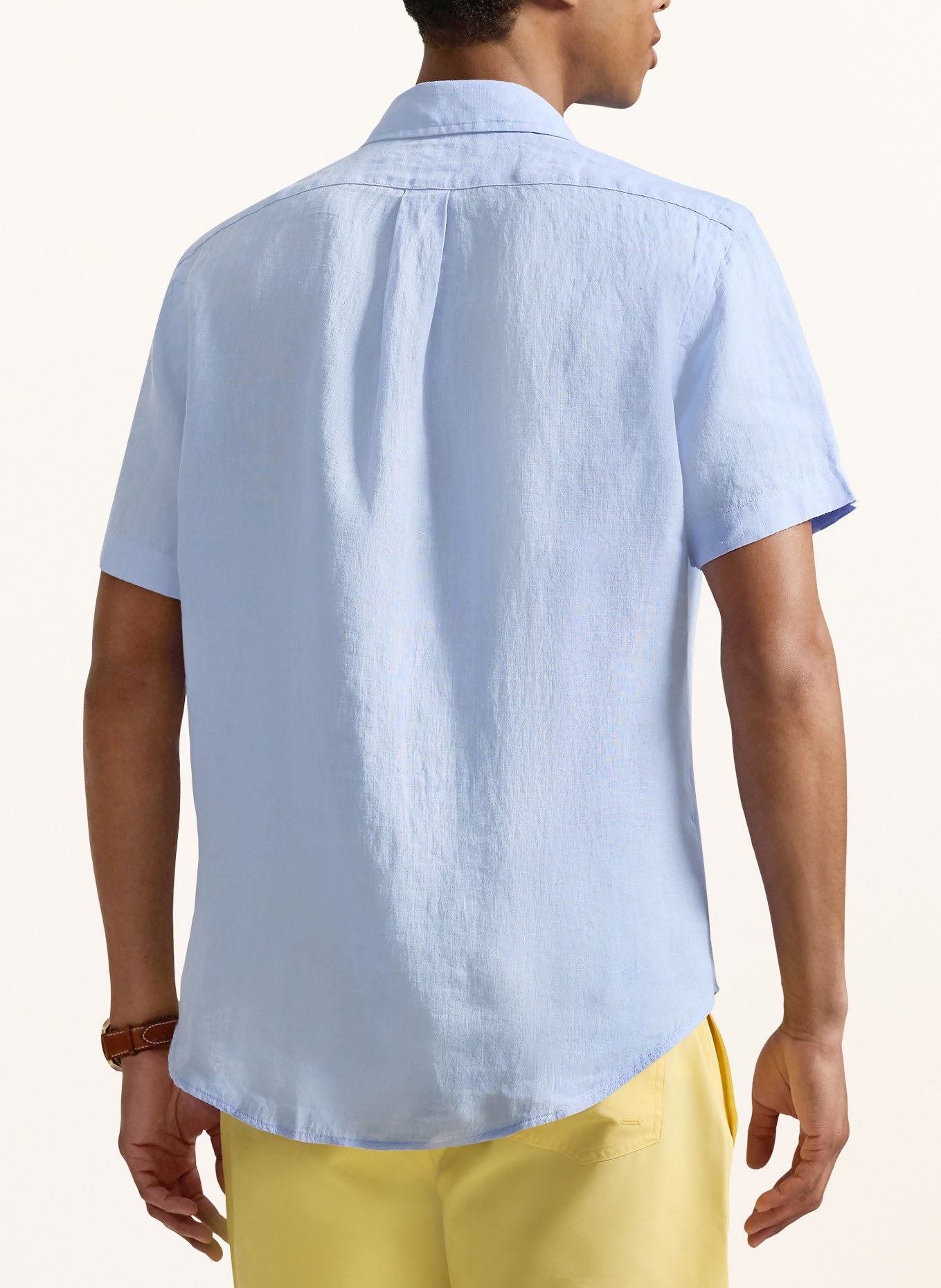 POLO RALPH LAUREN Custom fit short sleeve shirt in linen: LIGHT BLUE / YELLOW
