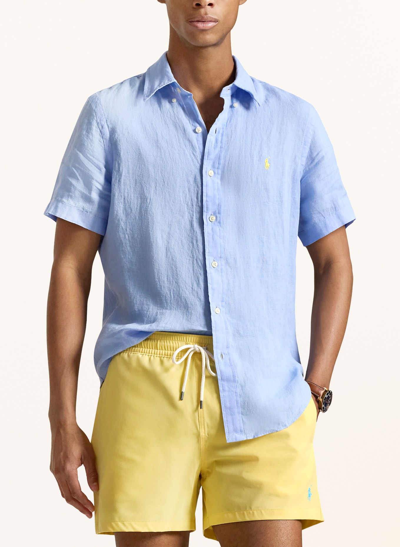 POLO RALPH LAUREN Custom fit short sleeve shirt in linen: LIGHT BLUE / YELLOW