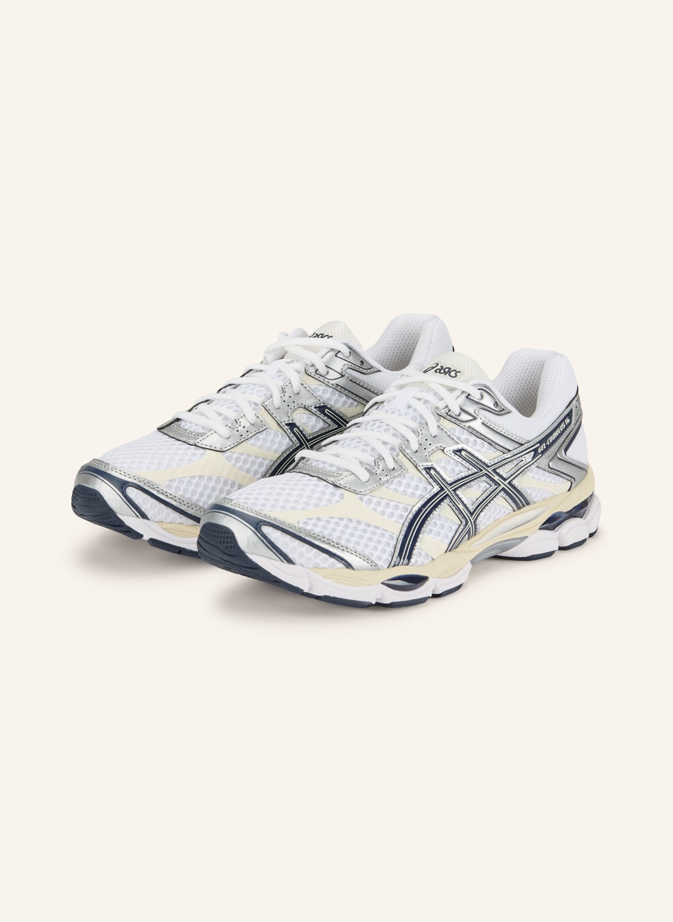 ASICS GEL-CUMULUS 16 sneaker: WHITE / SILVER / DARK BLUE