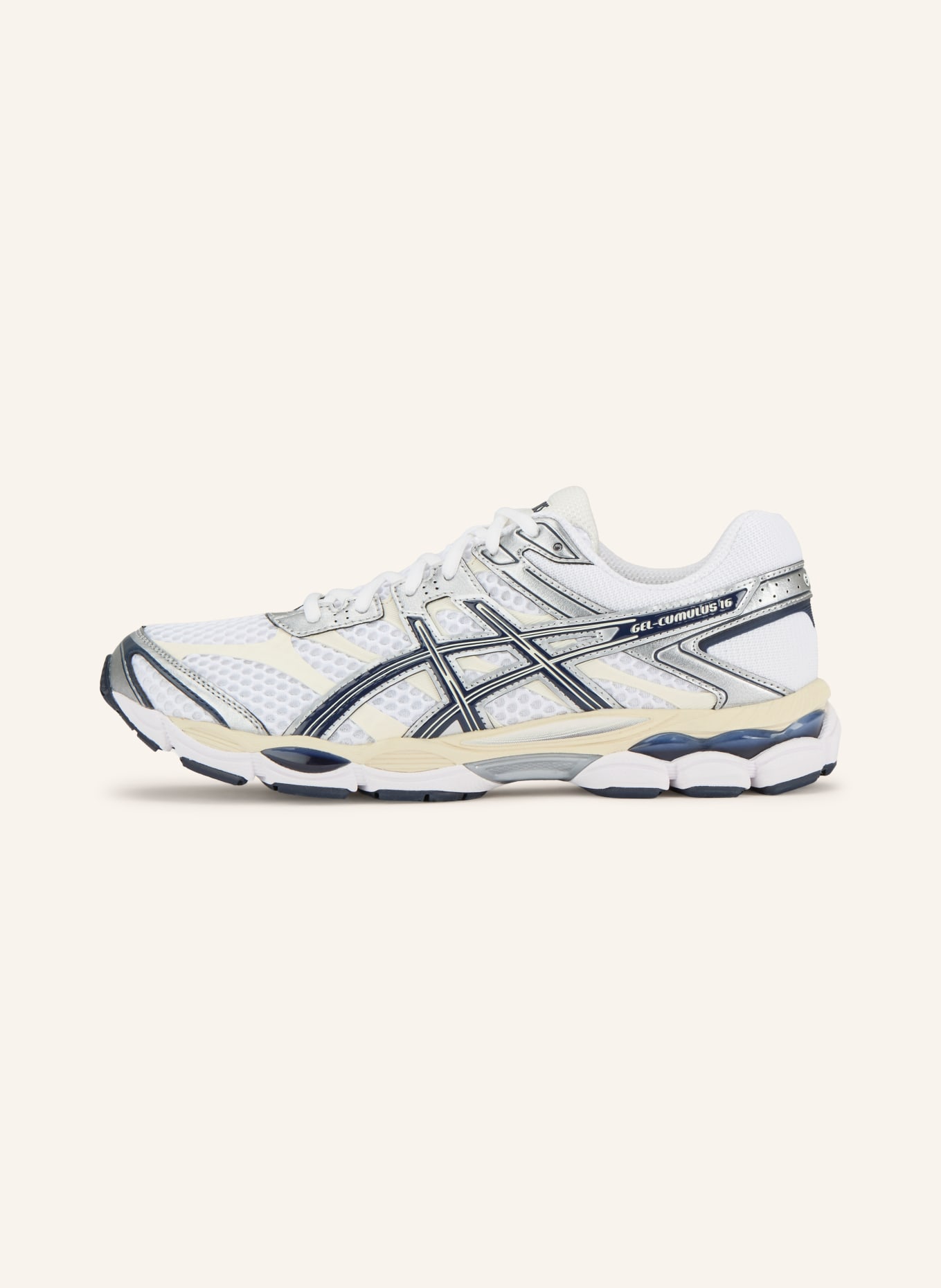 ASICS GEL-CUMULUS 16 sneaker: WHITE / SILVER / DARK BLUE