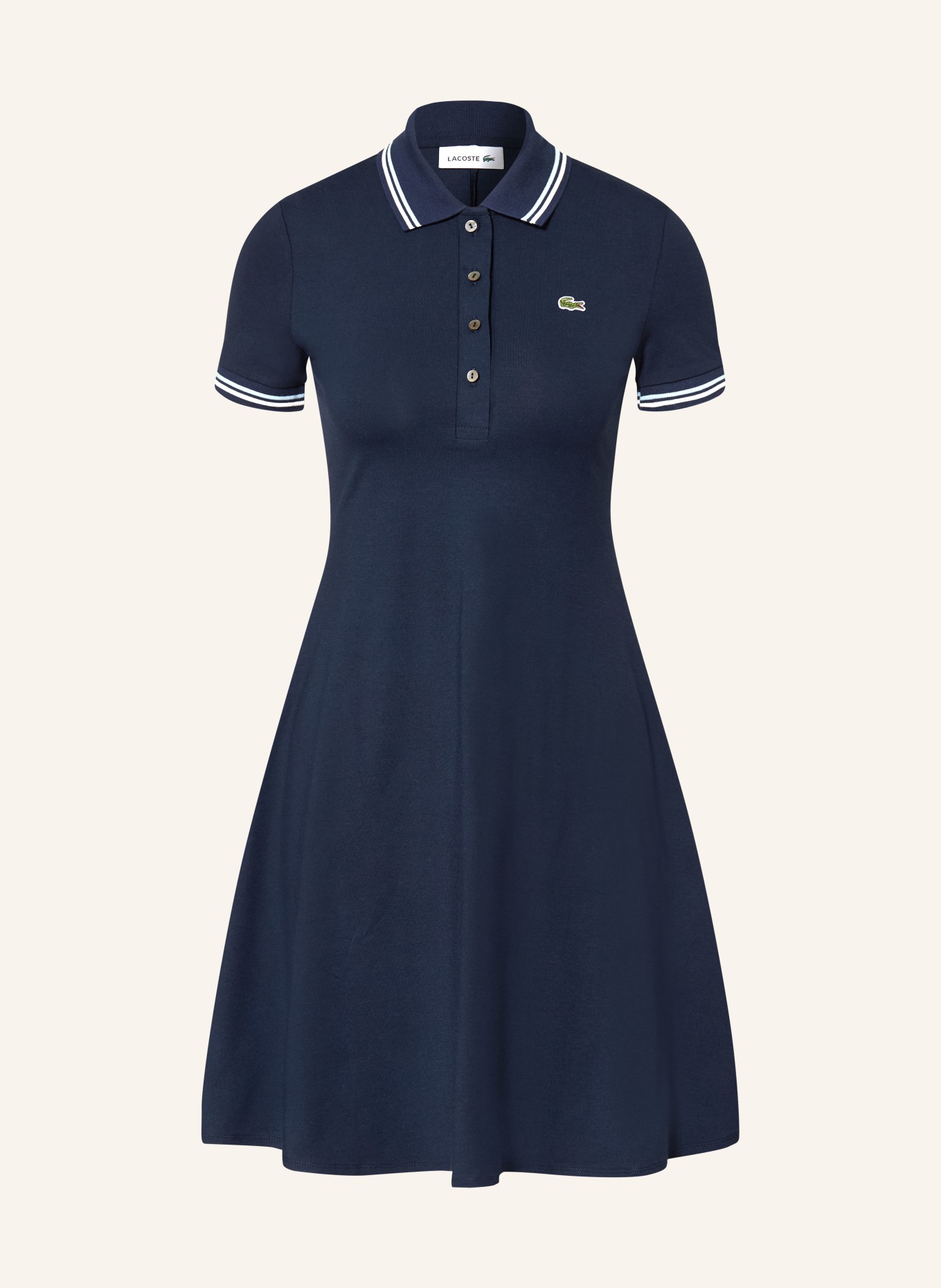 LACOSTE Jersey-Polokleid: DUNKELBLAU / HELLBLAU / WEISS