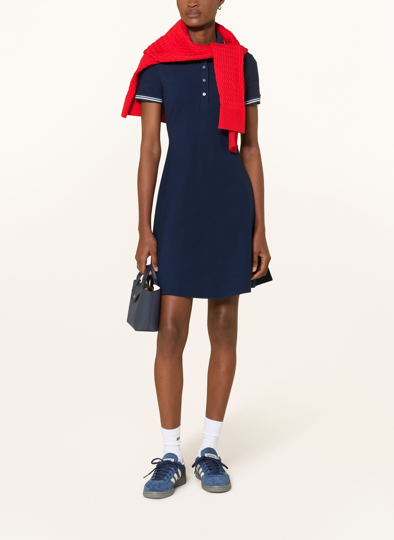 LACOSTE Jersey-Polokleid: DUNKELBLAU / HELLBLAU / WEISS