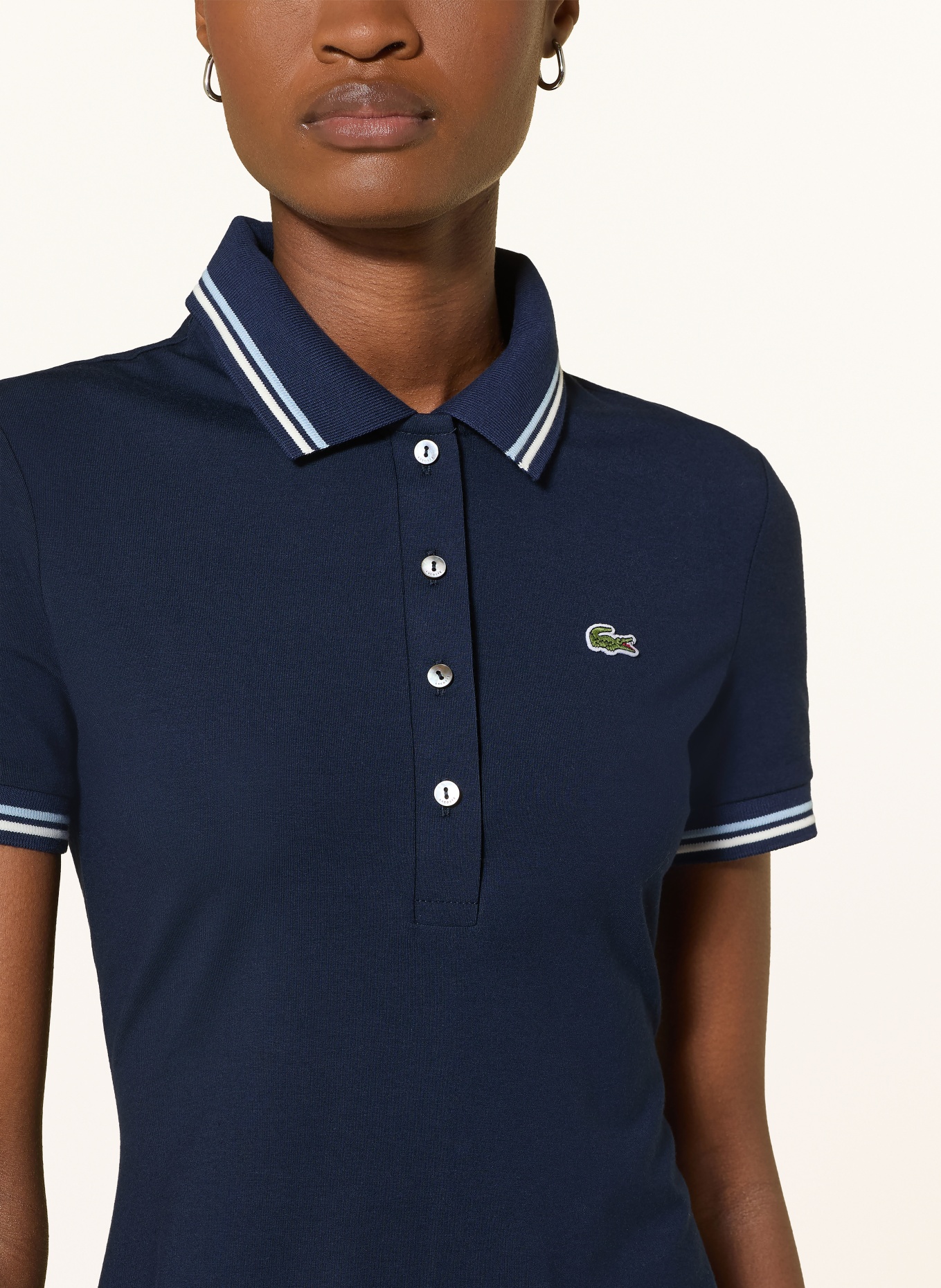 LACOSTE Jersey-Polokleid: DUNKELBLAU / HELLBLAU / WEISS