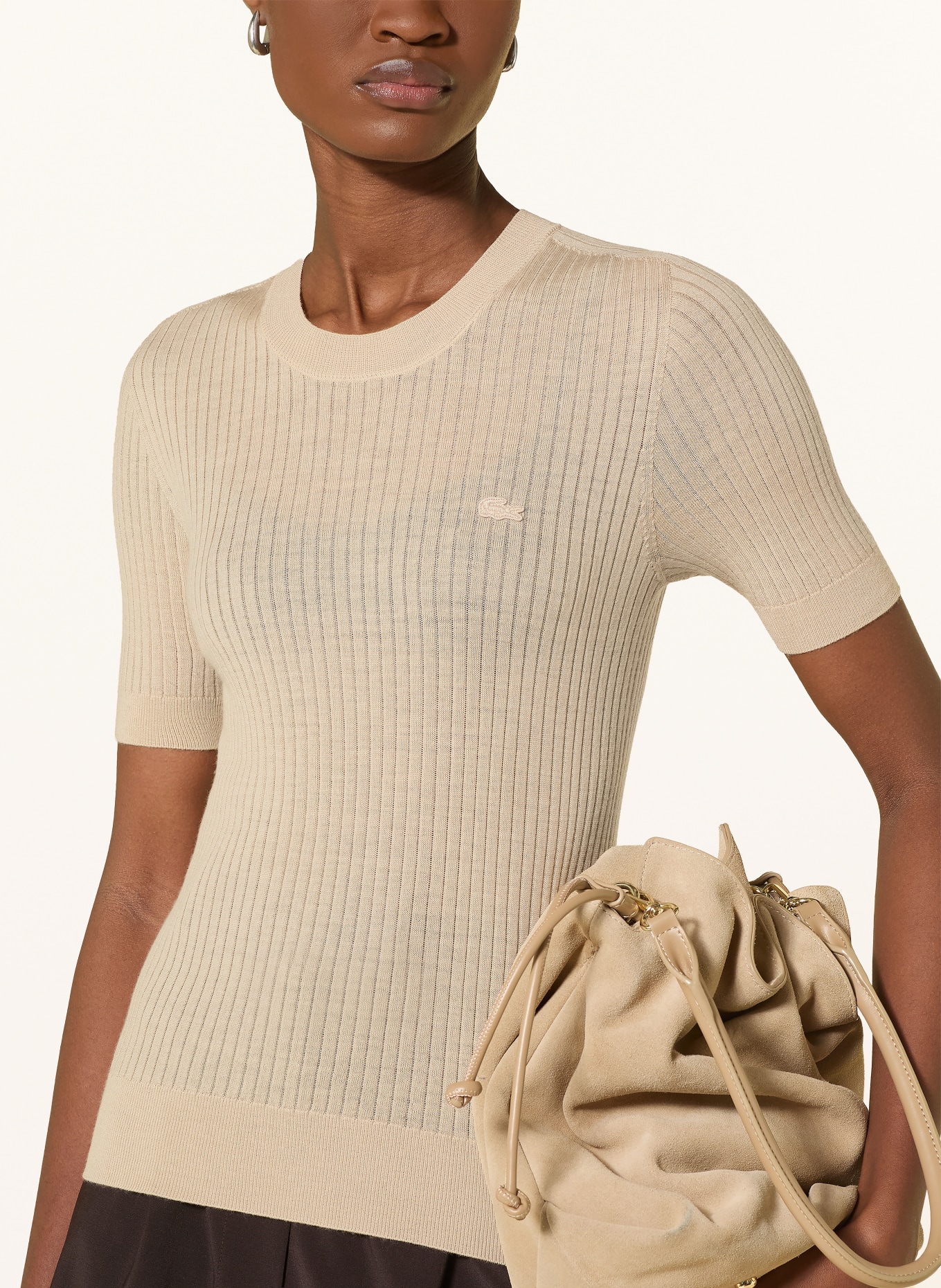 LACOSTE Pull en laine mérinos: BEIGE