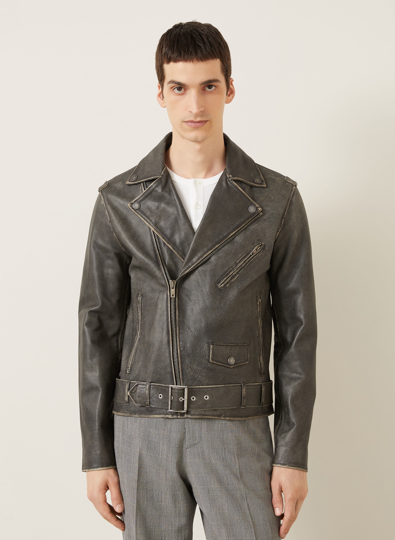 GOLDEN GOOSE Veste en cuir CHIODO GOLDEN: MARRON FONCÉ / PLATINE