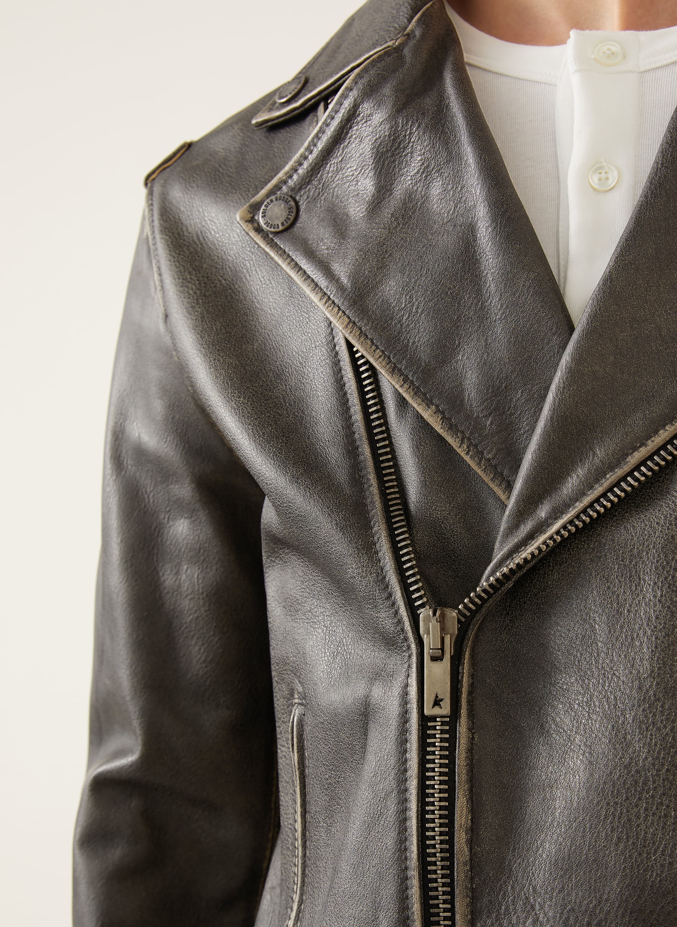 GOLDEN GOOSE Veste en cuir CHIODO GOLDEN: MARRON FONCÉ / PLATINE