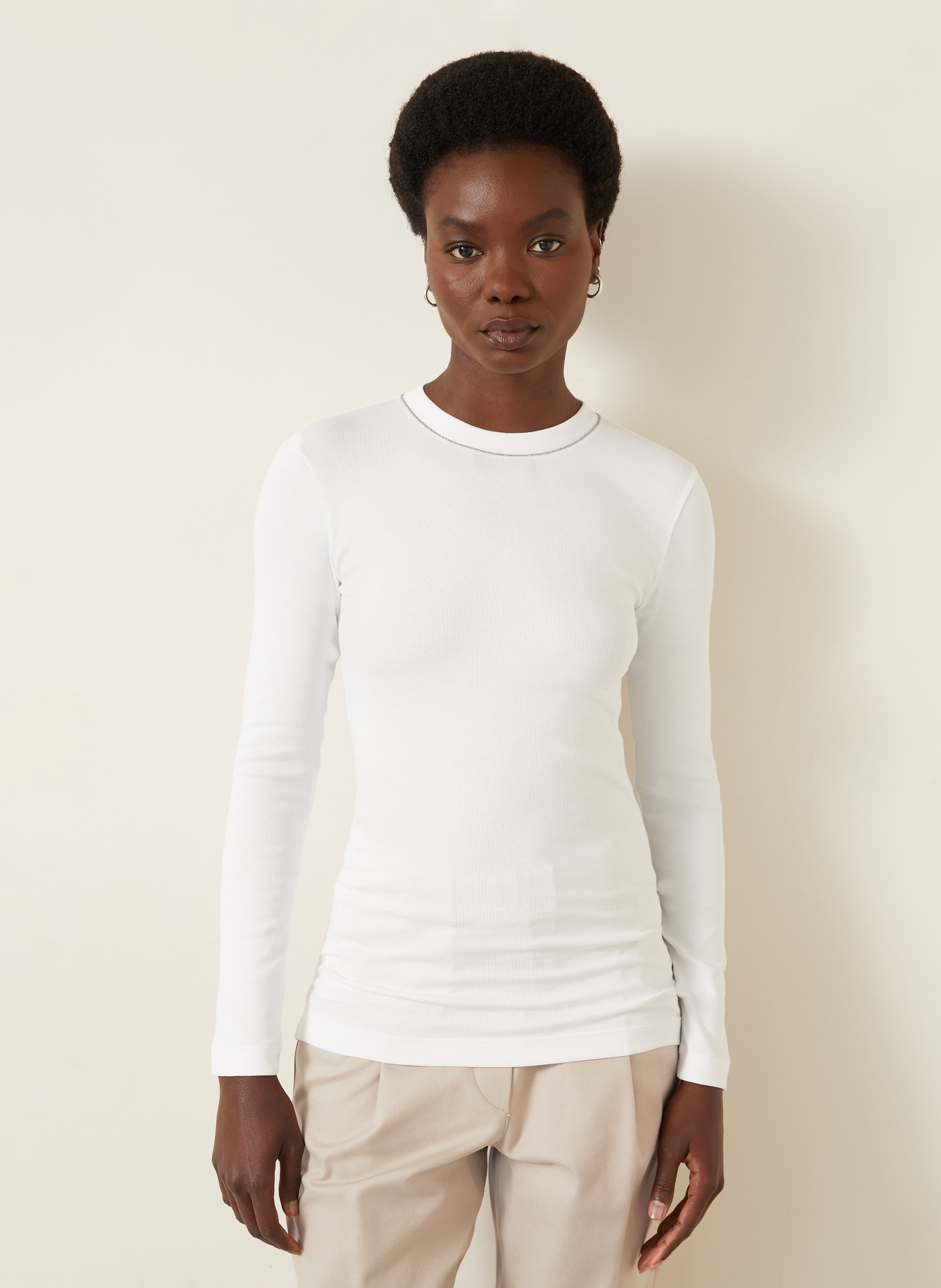 BRUNELLO CUCINELLI Long sleeve shirt with decorative beads: WHITE