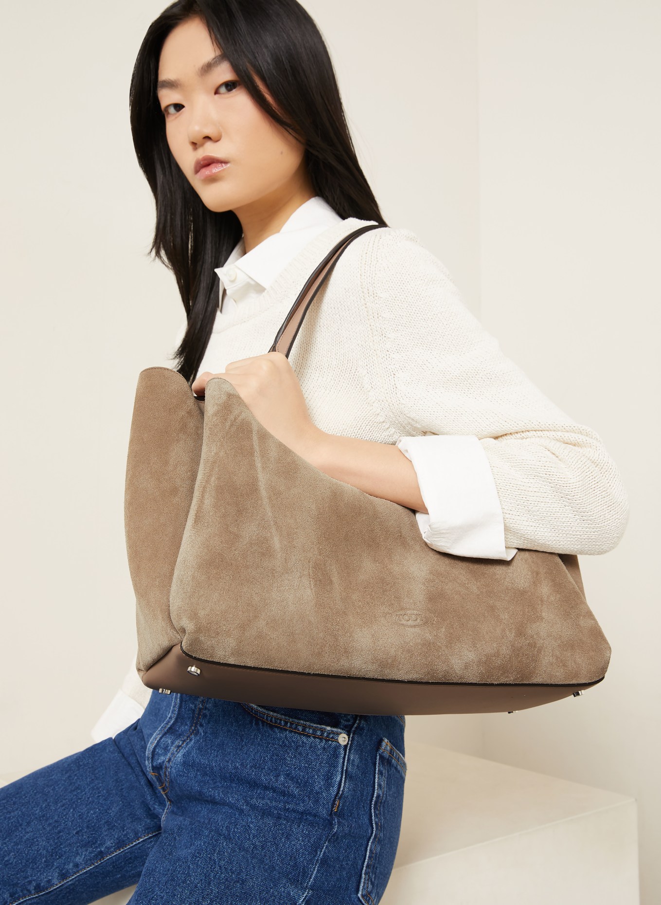 TOD'S sac de courses: TAUPE / ARGENT