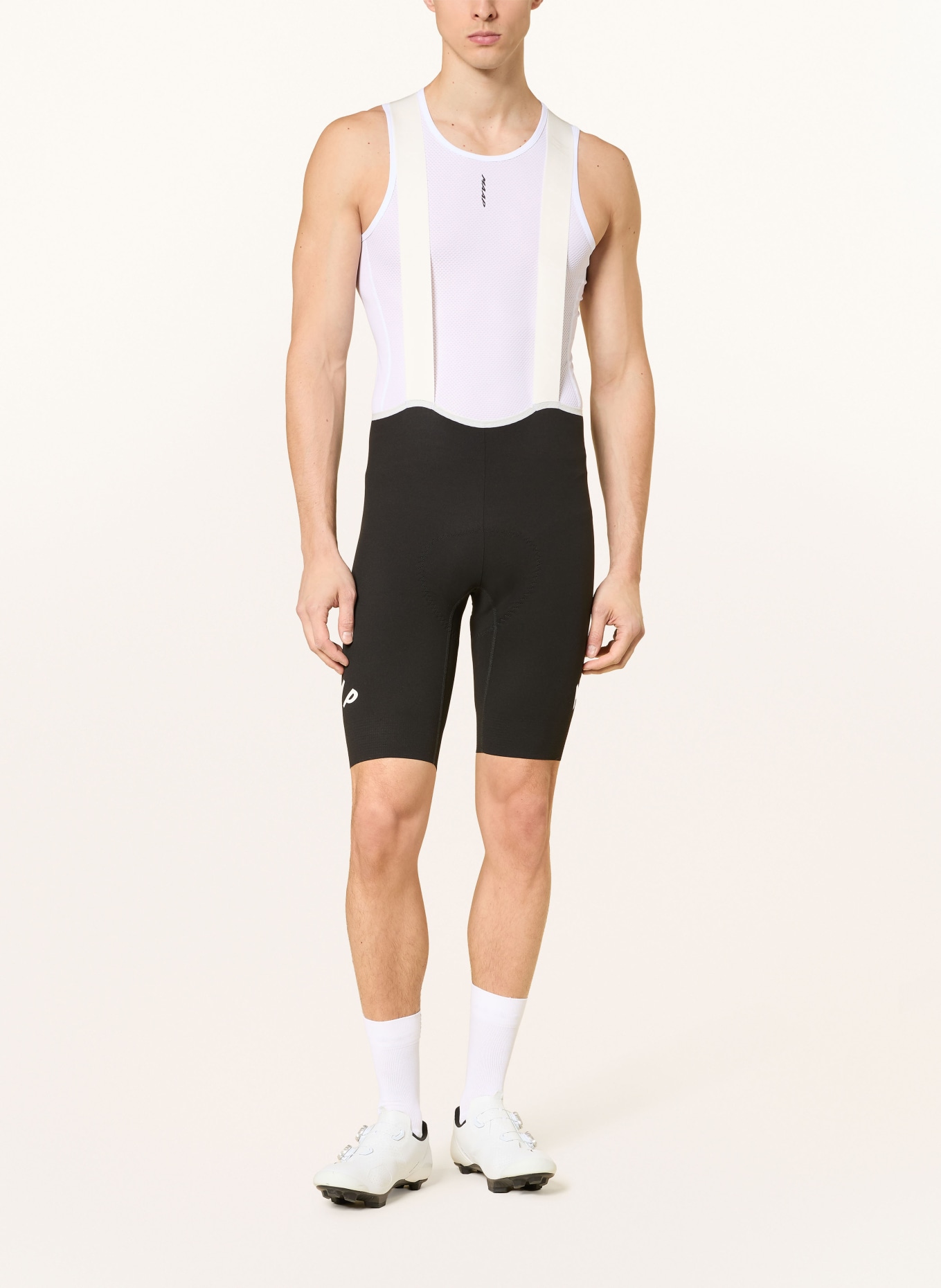 MAAP AEON BIB Cycling Shorts with Straps and Padded Seat Panel: BLACK / WHITE