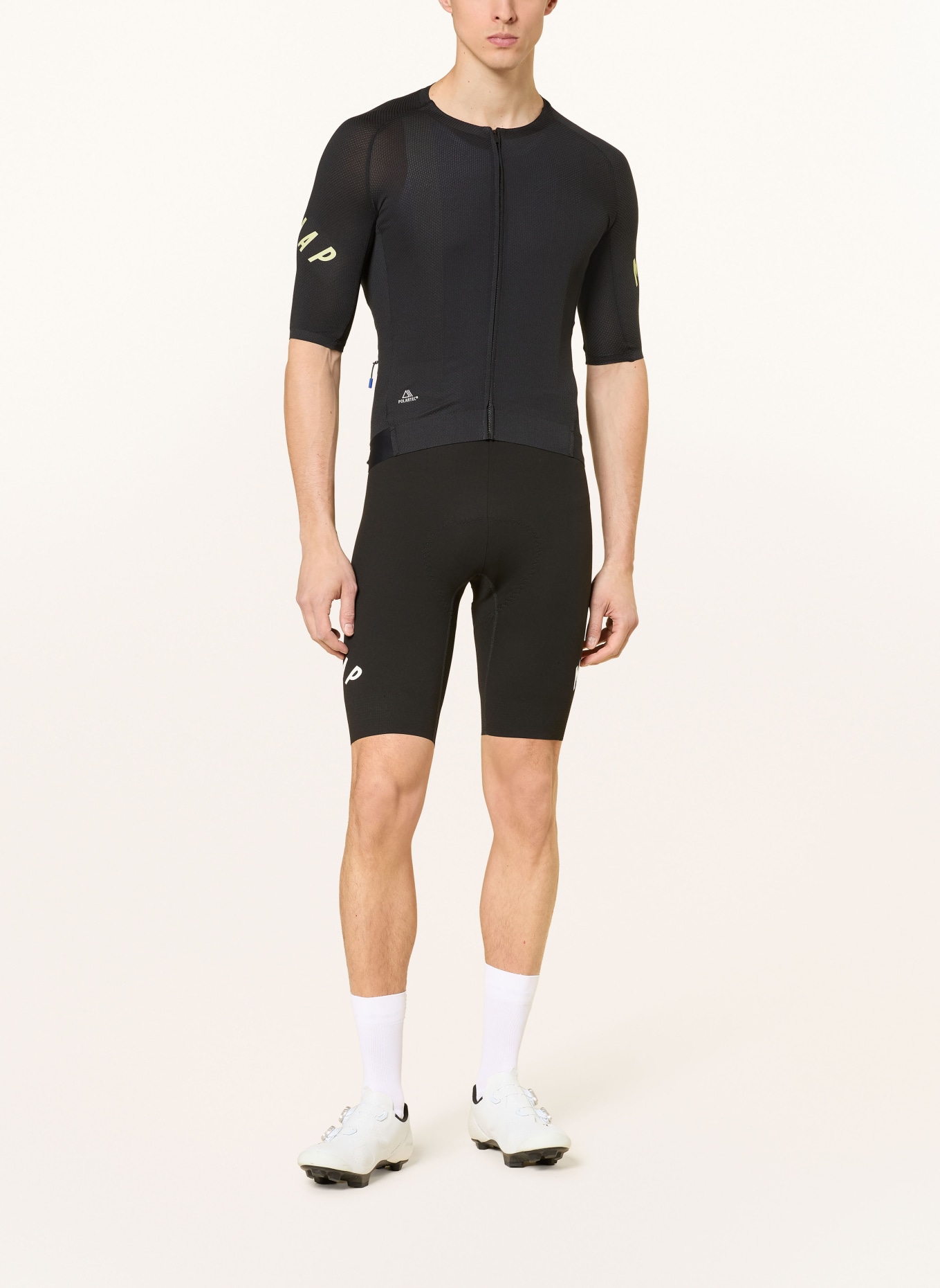 MAAP AEON BIB Cycling Shorts with Straps and Padded Seat Panel: BLACK / WHITE