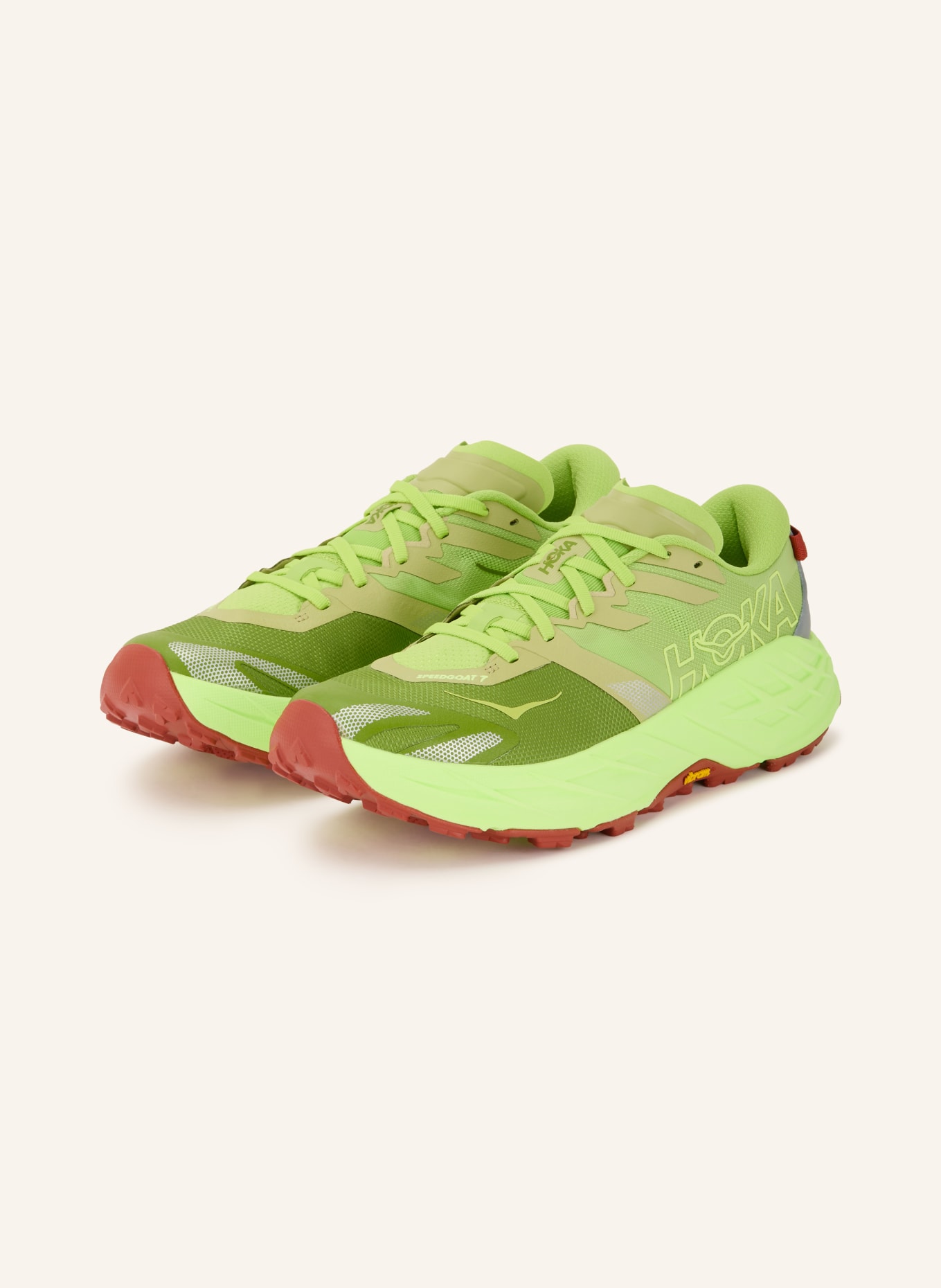 HOKA Trailrunning-Schuhe SPEEDGOAT 7: NEONGRÜN / DUNKELORANGE / OLIV
