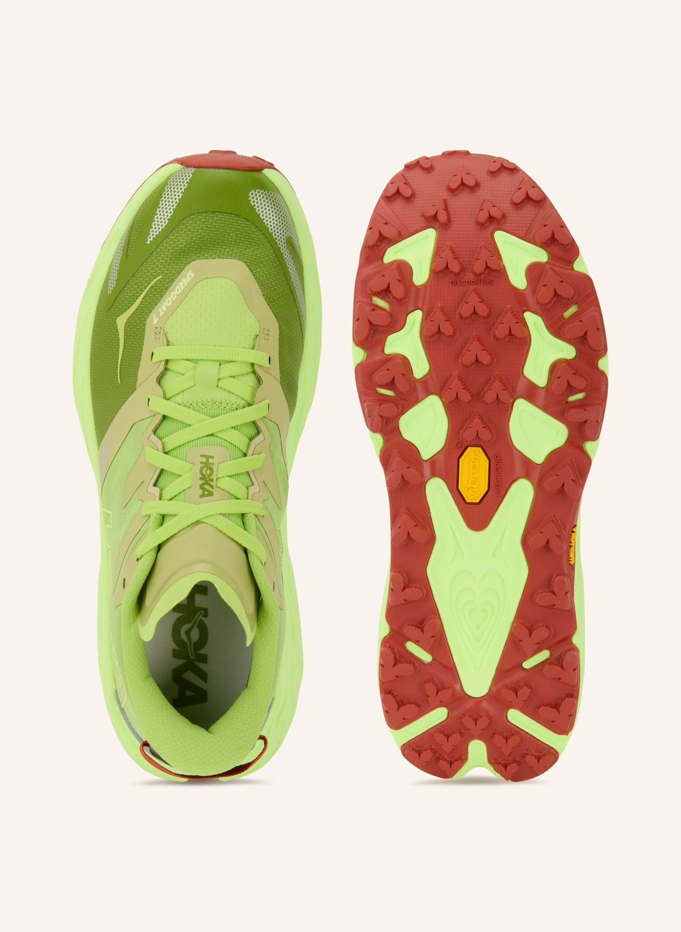 HOKA Trailrunning-Schuhe SPEEDGOAT 7: NEONGRÜN / DUNKELORANGE / OLIV