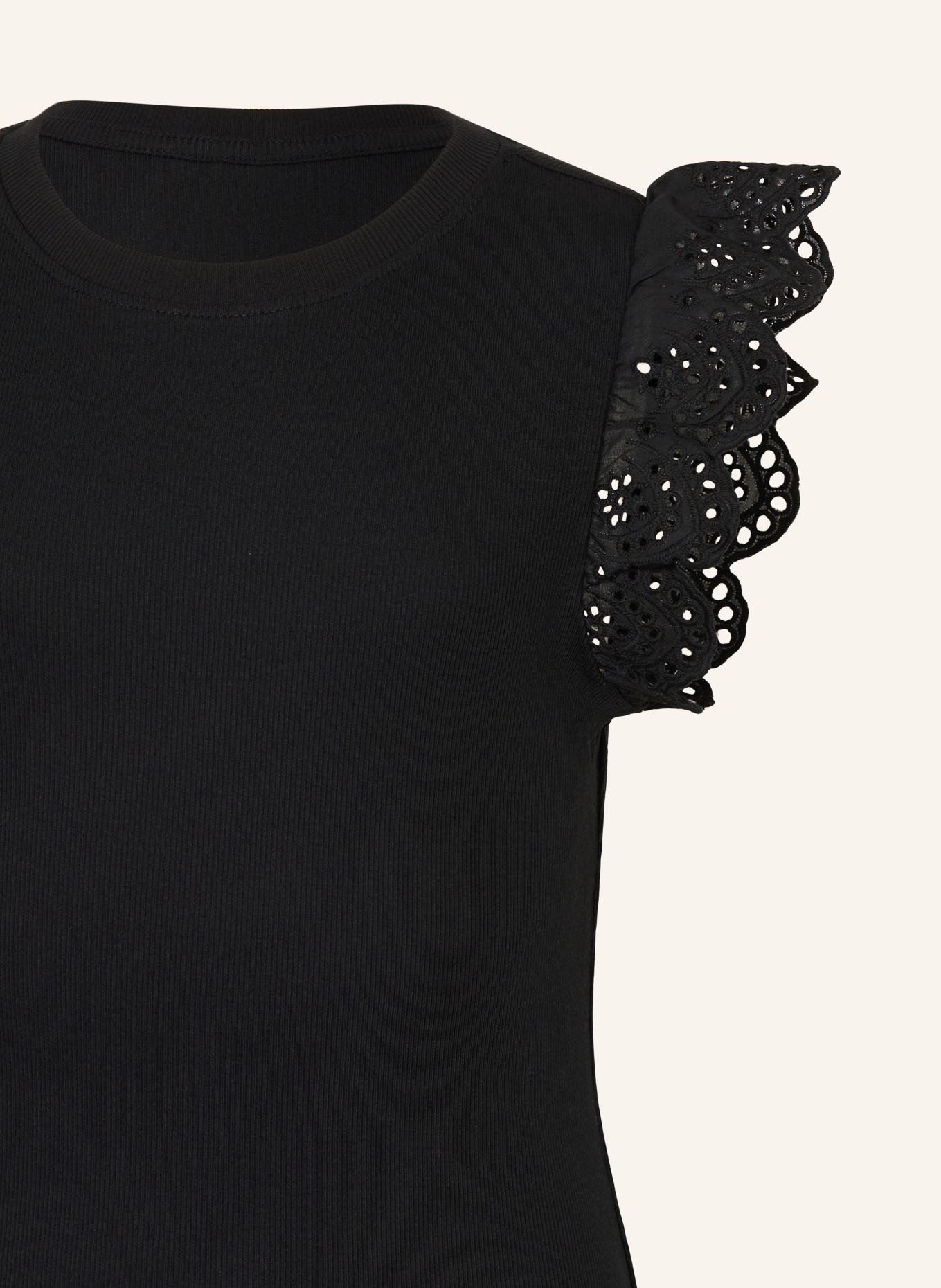 ONLY Jerseyjurk met opengewerkte kant en ruches: ZWART