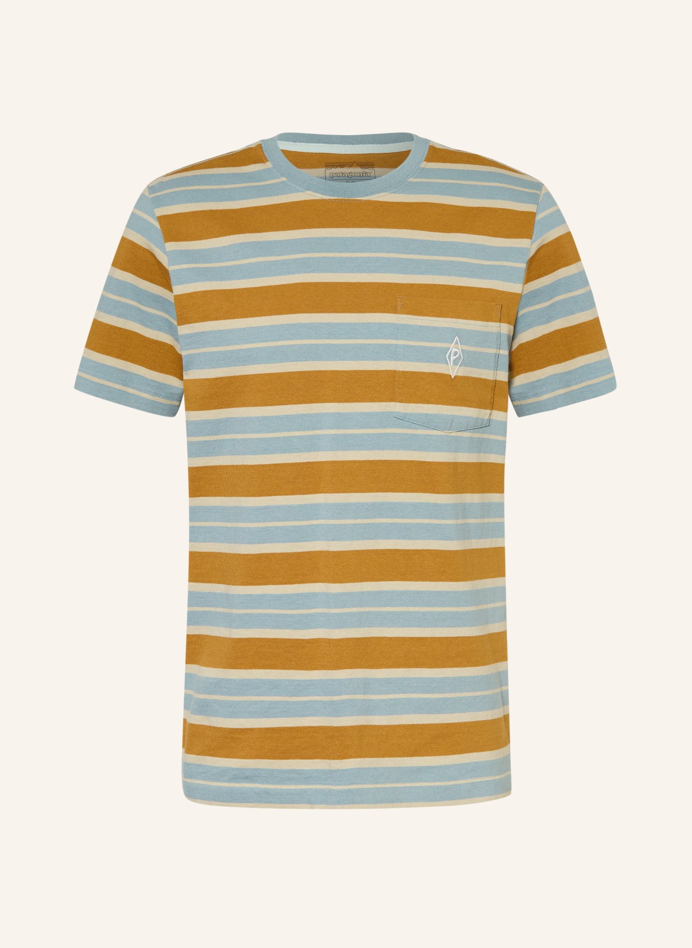 patagonia Tričko MIDWEIGHT WATER POCKET MARK: TMAVĚ MODRÁ / SVĚTLE HNĚDÁ / TMAVĚ ŽLUTÁ