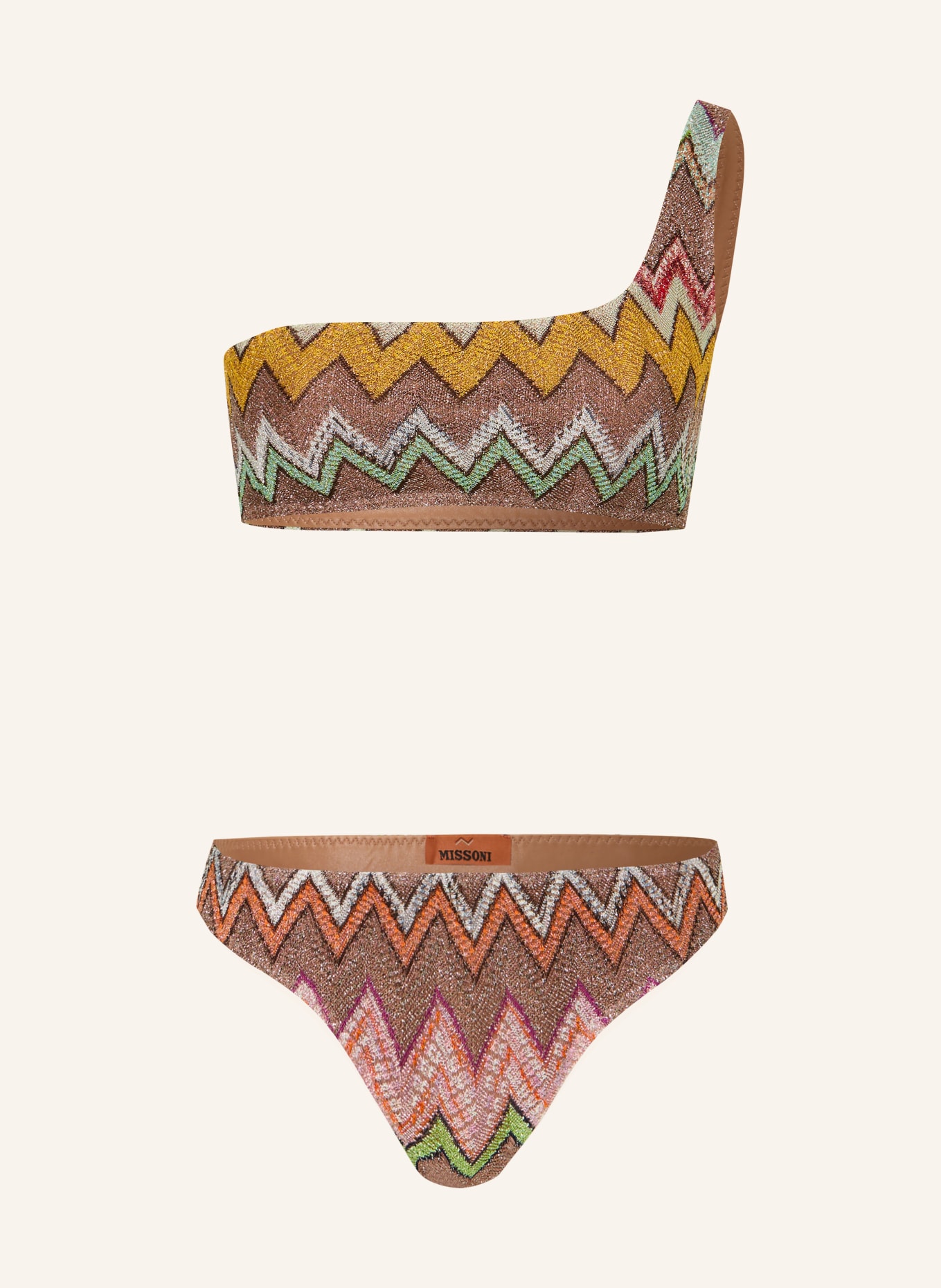 MISSONI One-Shoulder-Bikini mit Glitzergarn: BRAUN / DUNKELGELB / MINT