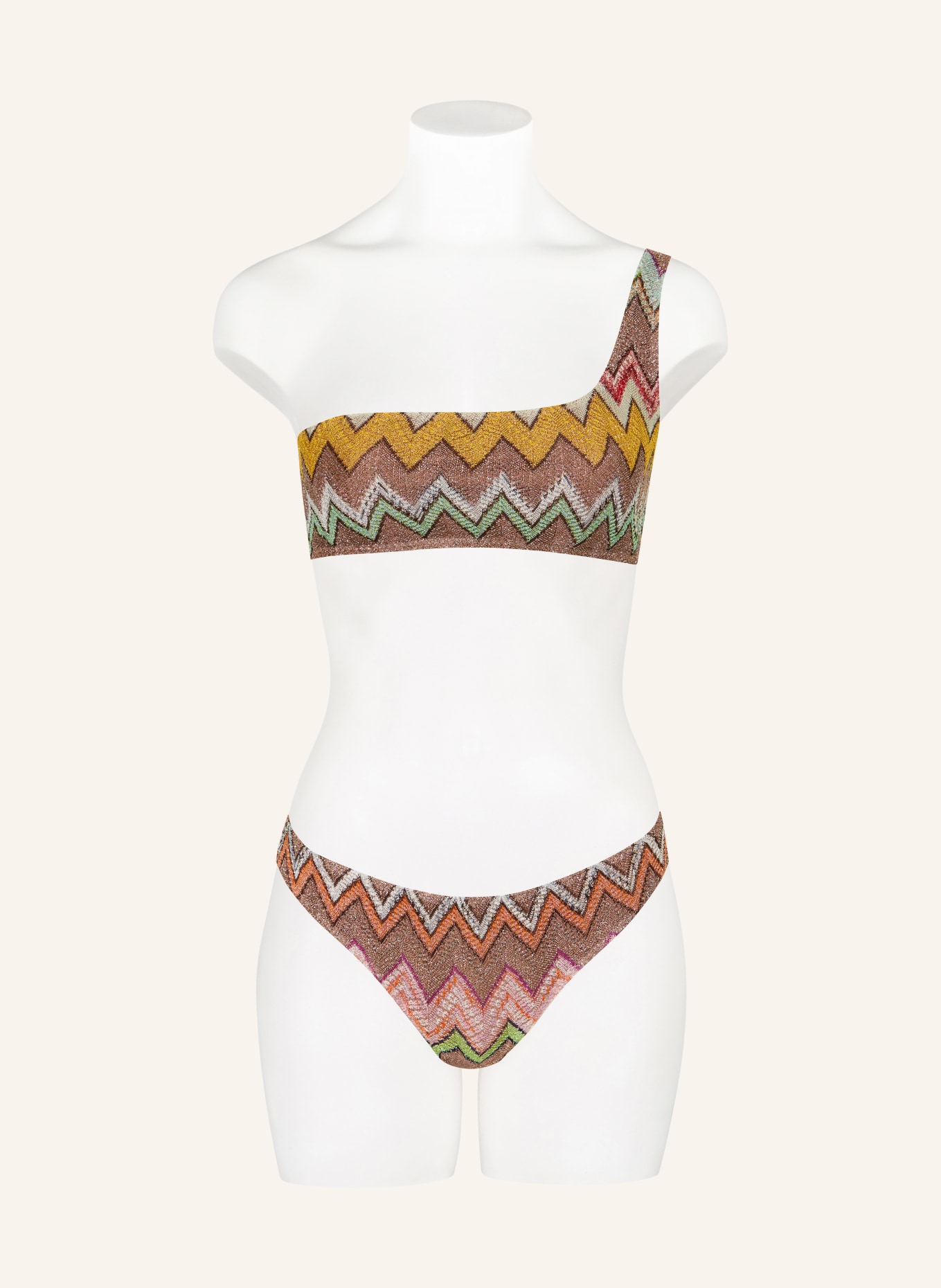 MISSONI One-Shoulder-Bikini mit Glitzergarn: BRAUN / DUNKELGELB / MINT