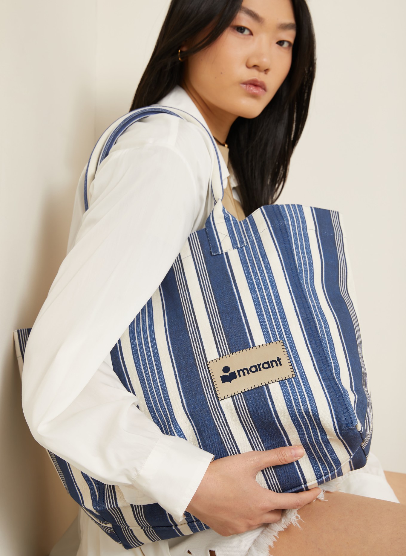 ISABEL MARANT YENKY SMALL Tote Bag: CREAM / DARK BLUE / BLUE