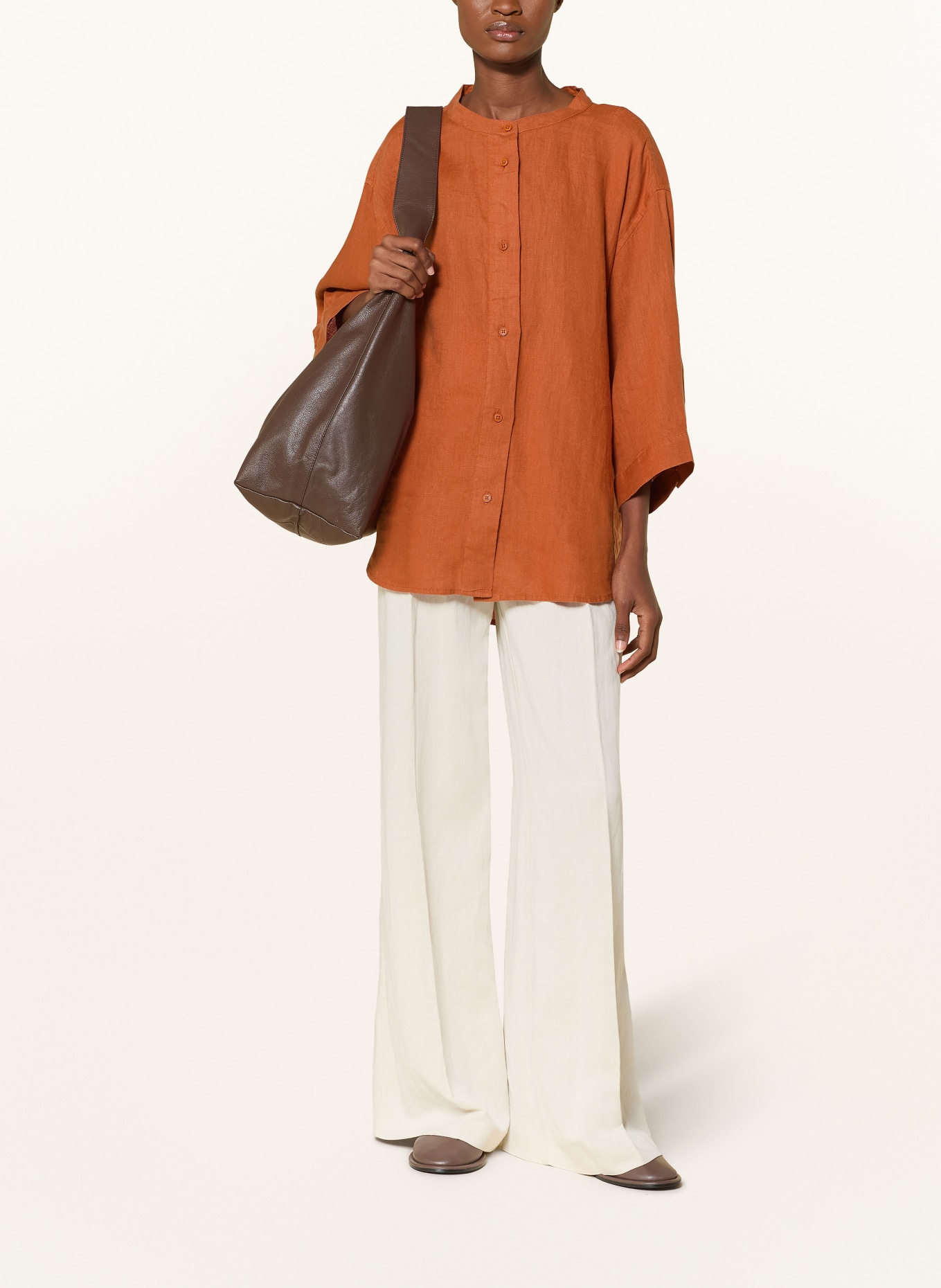 KnowledgeCotton Apparel Leinenbluse mit 3/4-Arm: DUNKELORANGE