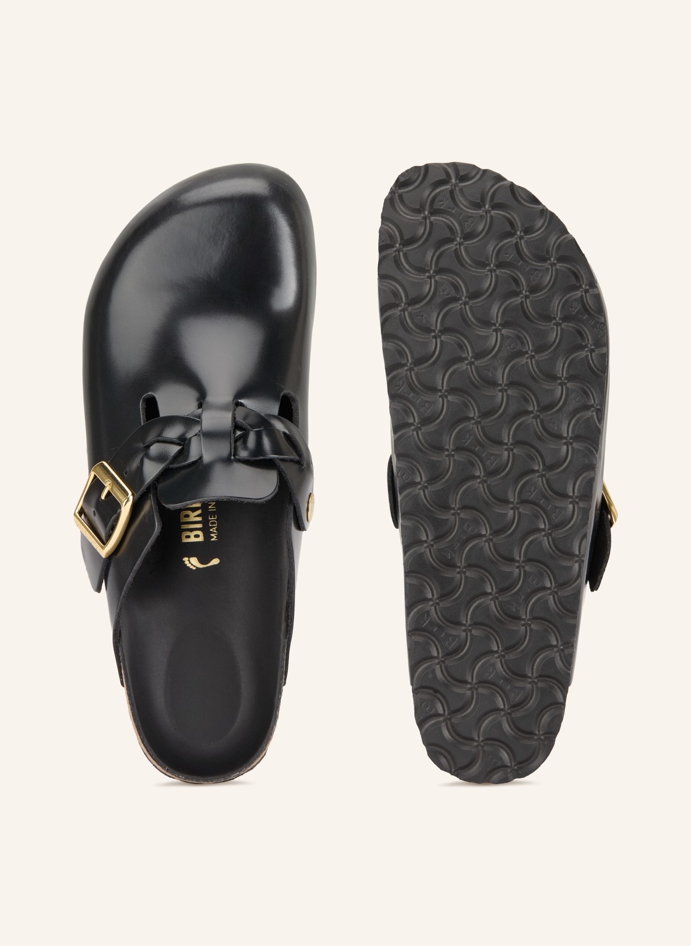 BIRKENSTOCK BOSTON Mules: BLACK / GOLD