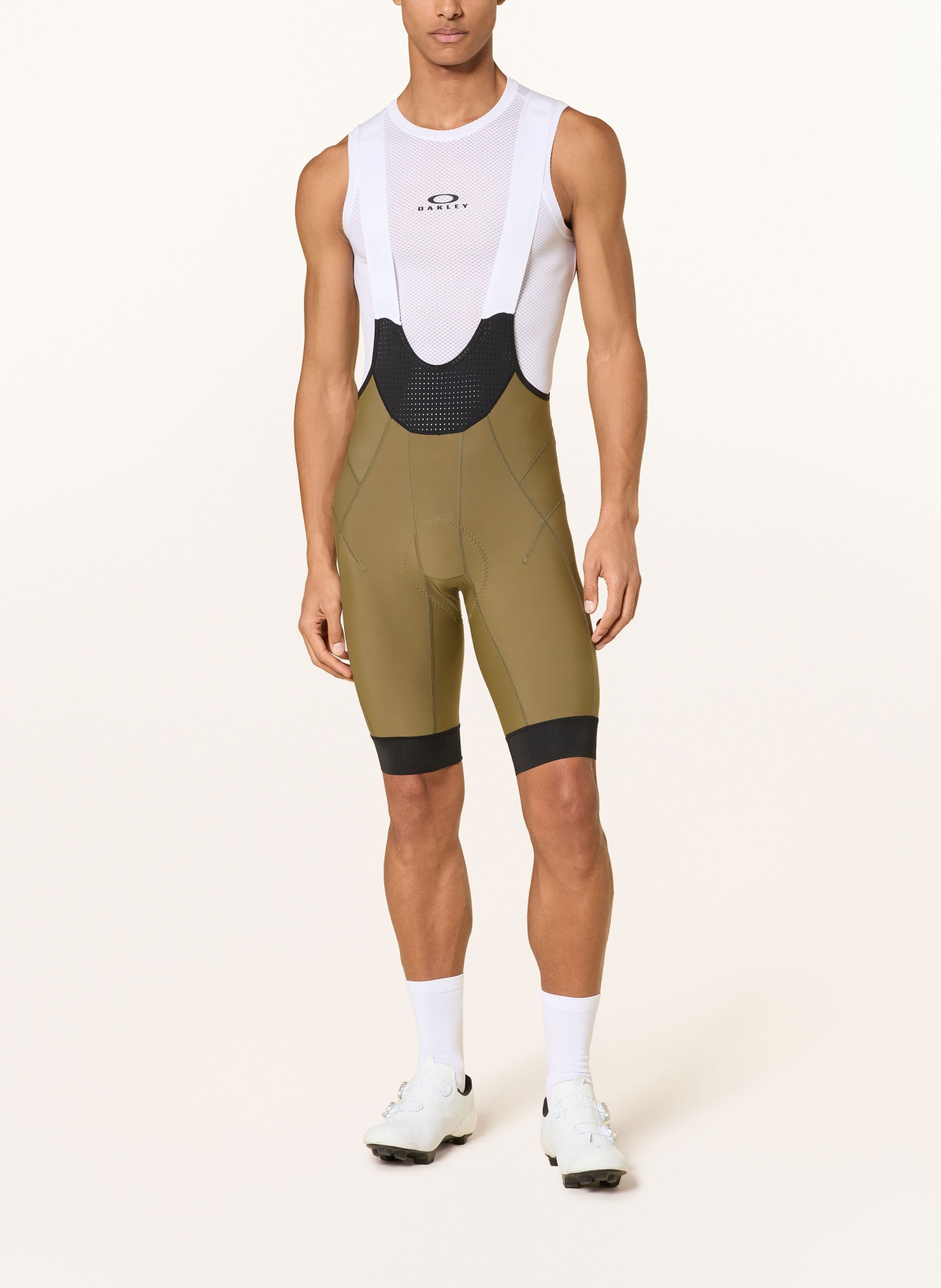 OAKLEY Radhose ENDURANCE TEMPO mit Trägern und gepolstertem Einsatz: KHAKI / WEISS / SCHWARZ